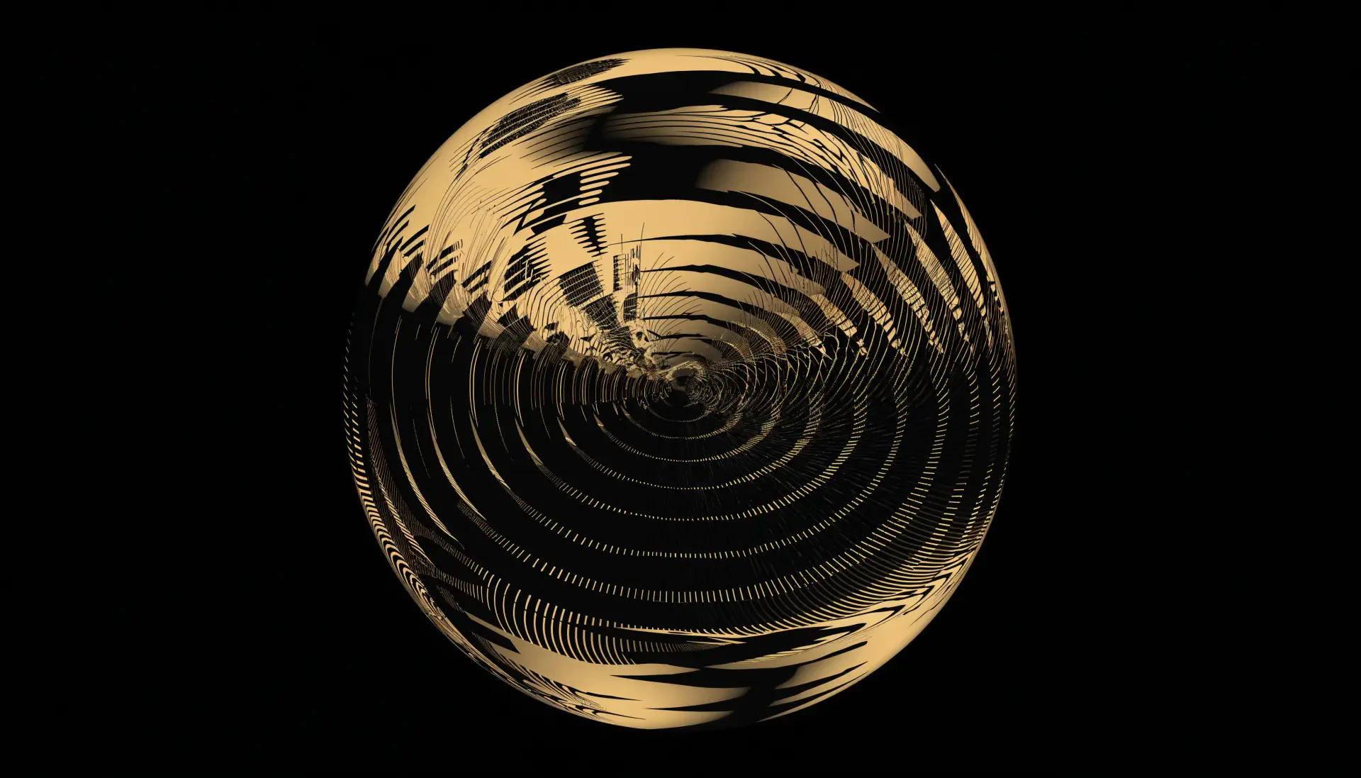 Black and gold abstract sphere of concentric circles and ripples, a glossy orb on a black 4K Ultra HD PC desktop wallpaper.