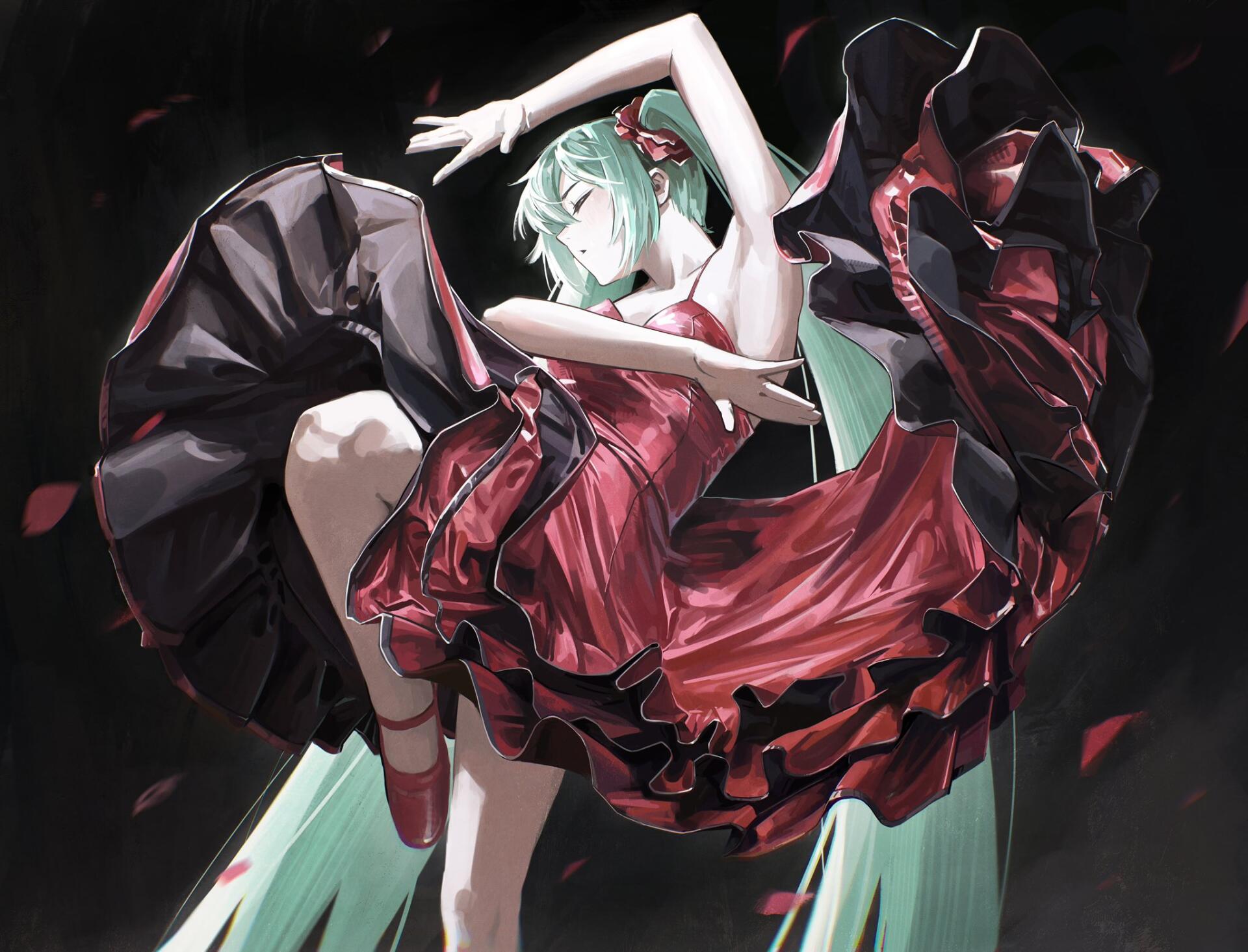 Anime illustration of Hatsune Miku in a flowing red dress, mid-air pose with falling petals — HD PC desktop wallpaper background.