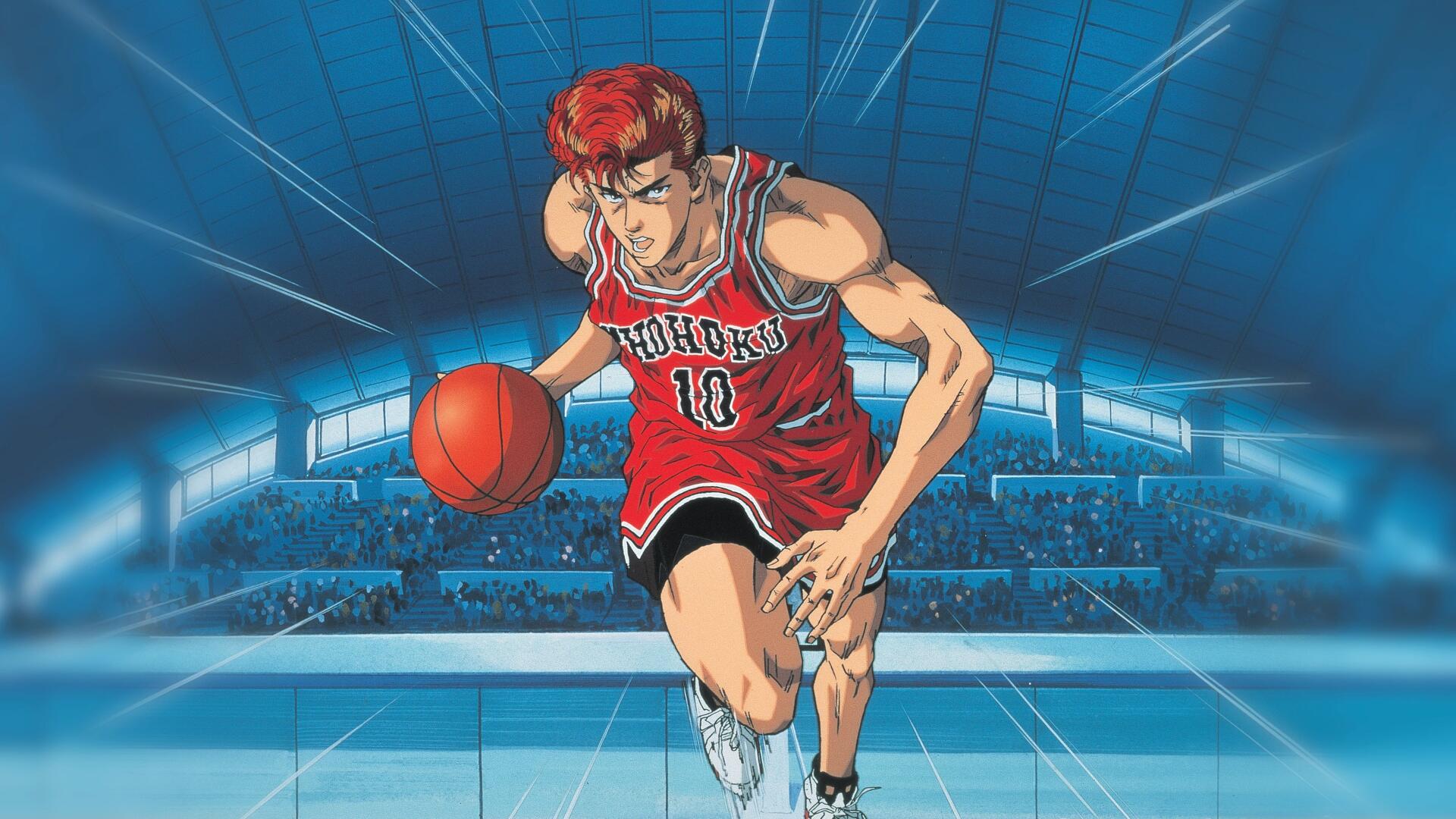 Slam Dunk 4K Ultra HD PC desktop wallpaper: red-jersey #10 drives to the hoop with basketball, dynamic motion lines and a packed arena under blue lighting.