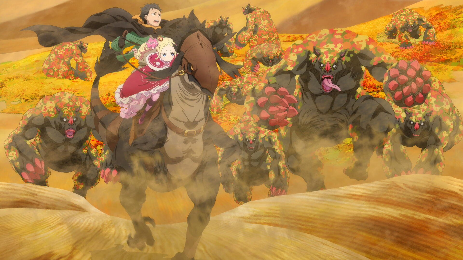 Re:Zero - Starting Life in Another World 4K Ultra HD PC wallpaper: a girl in a pink cape rides a horse across a golden field with a companion, pursued by bulky flower-armored monsters.