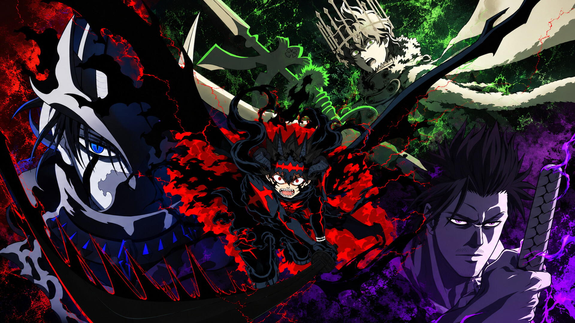 Black Clover 4K Ultra HD PC desktop wallpaper: central black-clad warrior with red demonic aura, shadowy beast at left and brooding ally amid green lightning.