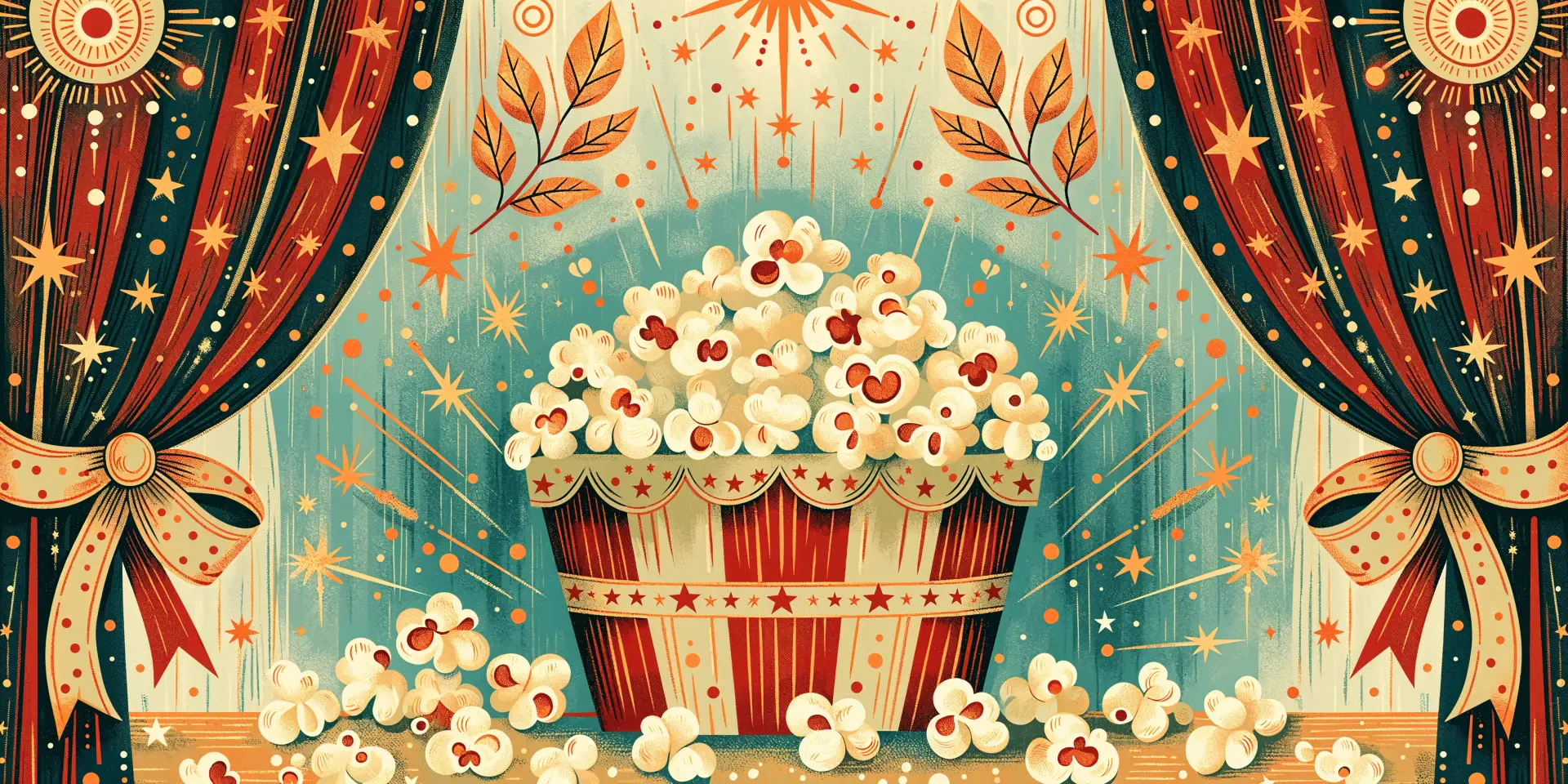 Whimsical vintage-style popcorn bucket overflowing with kernels on a starry stage, framed by red velvet curtains — 4K Ultra HD PC desktop wallpaper and background.