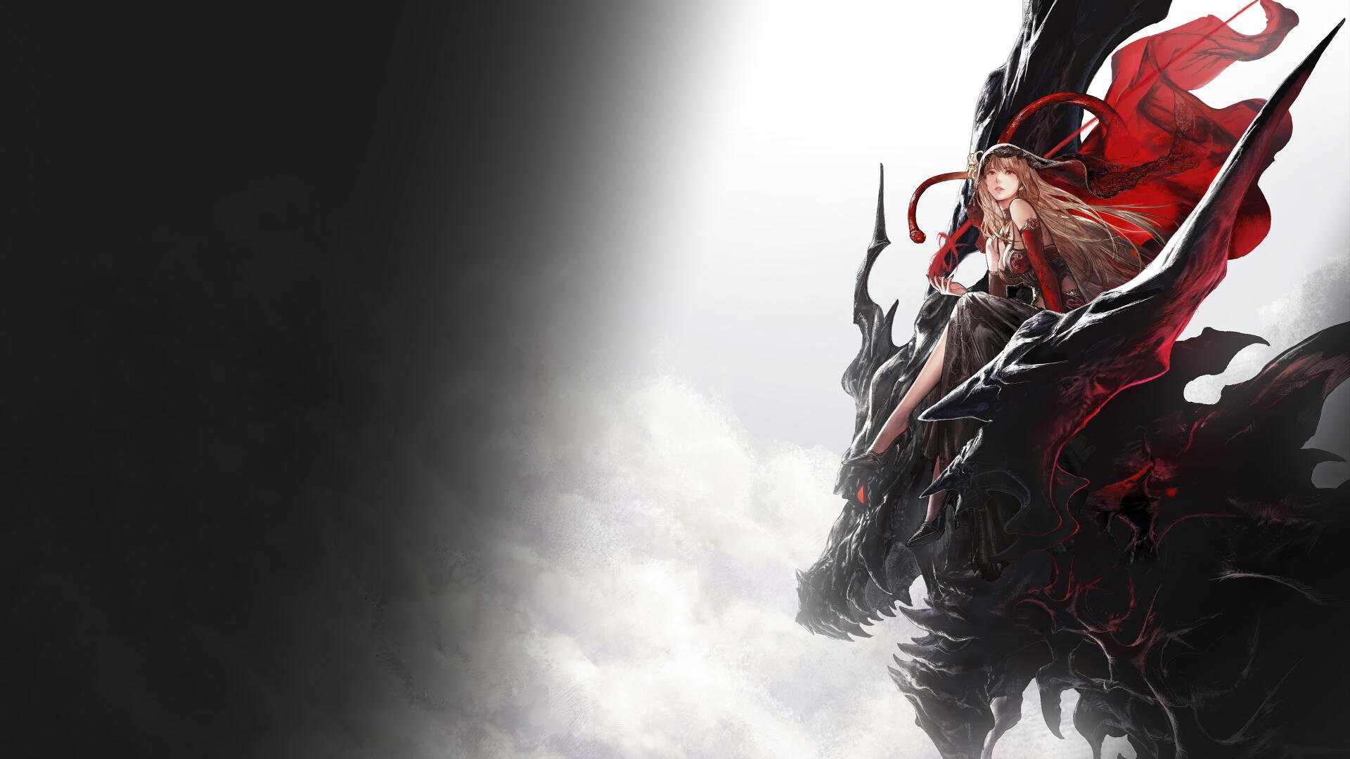 Final Fantasy Resonance video game artwork / Final Fantasy 4K Ultra HD PC desktop wallpaper/background: red-cloaked heroine atop a shadowy dragon amid stark black-and-white mist.