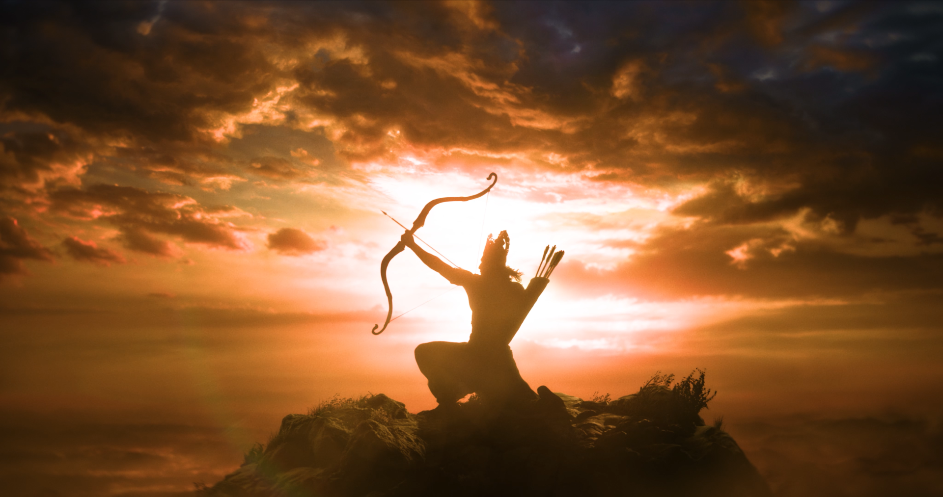 Silhouette archer from Ramayana (2026) poised with bow against a blazing sunset — 4K Ultra HD PC desktop wallpaper and background.