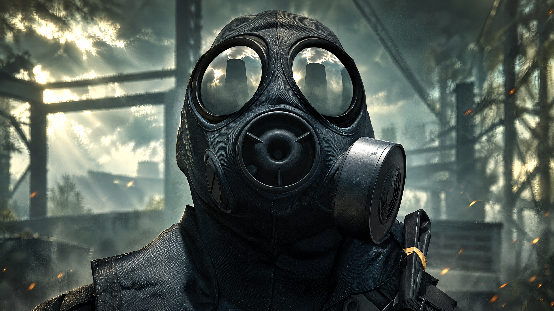 Call of Duty: Modern Warfare 4 gas mask soldier in a ruined forest, 4K Ultra HD PC desktop wallpaper and background.
