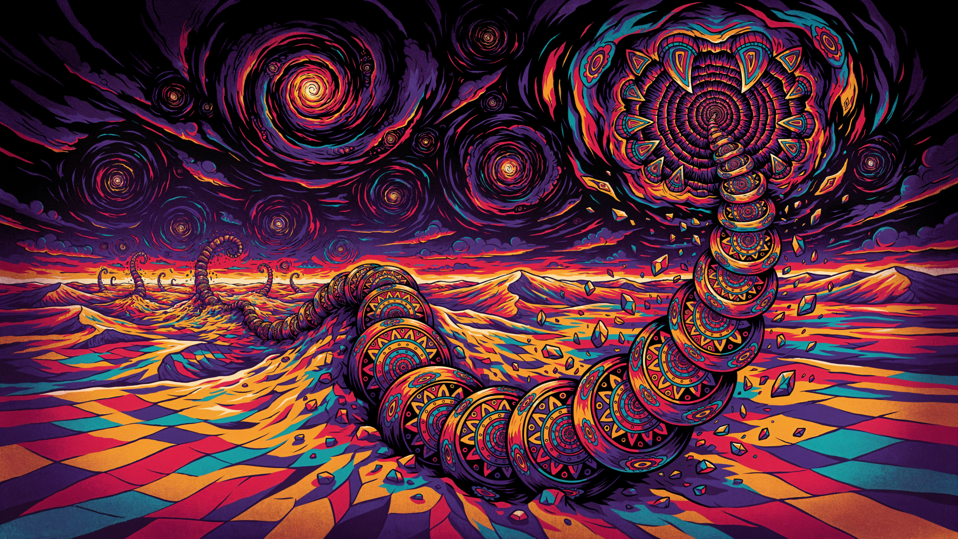 Psychedelic surreal sandworm crawling across a vivid alien landscape, 4K Ultra HD PC desktop wallpaper and background.