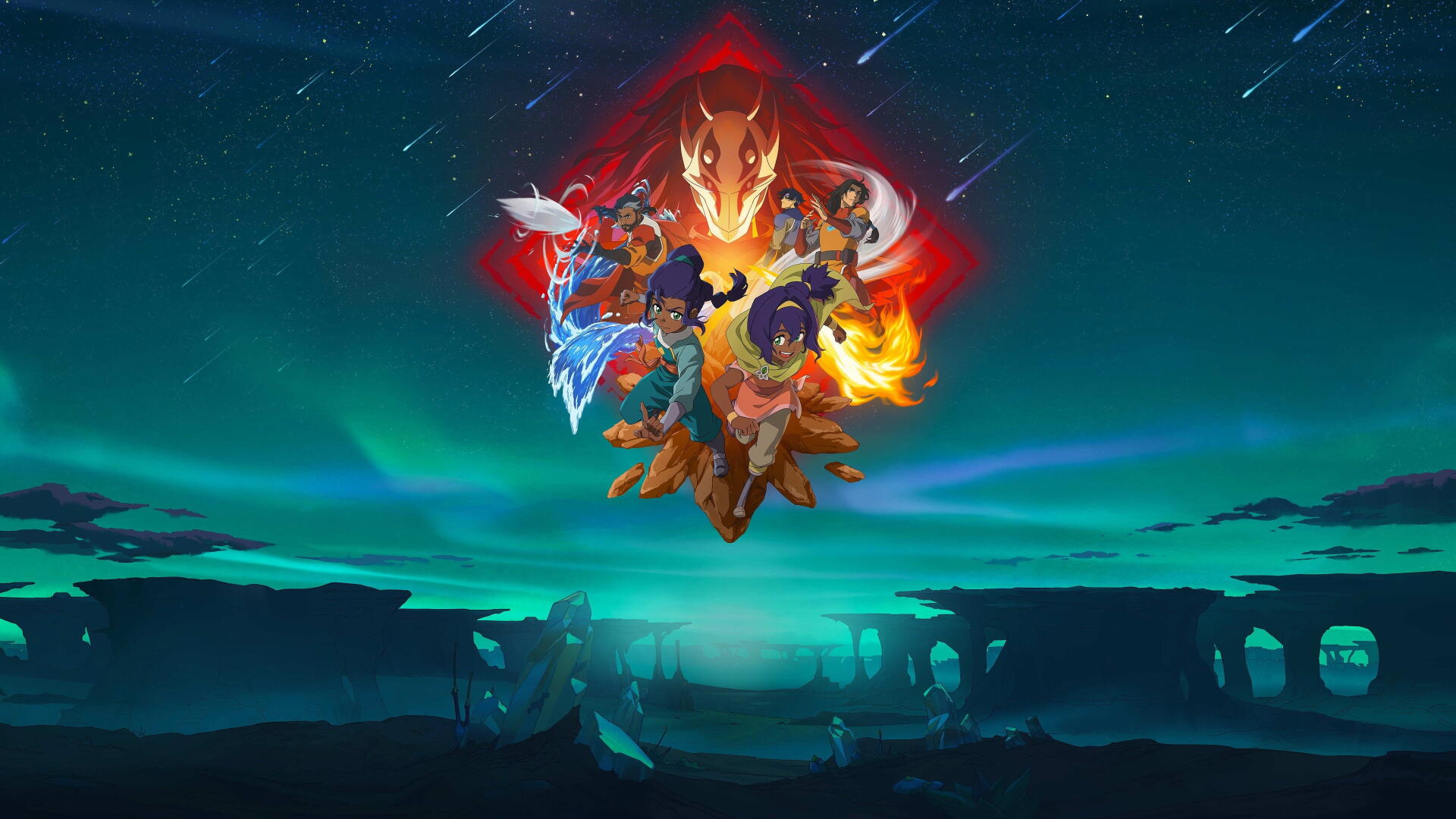 Avatar: Seven Havens 4K Ultra HD PC desktop wallpaper featuring fantasy characters beneath a glowing red emblem against a teal, aurora-lit landscape.