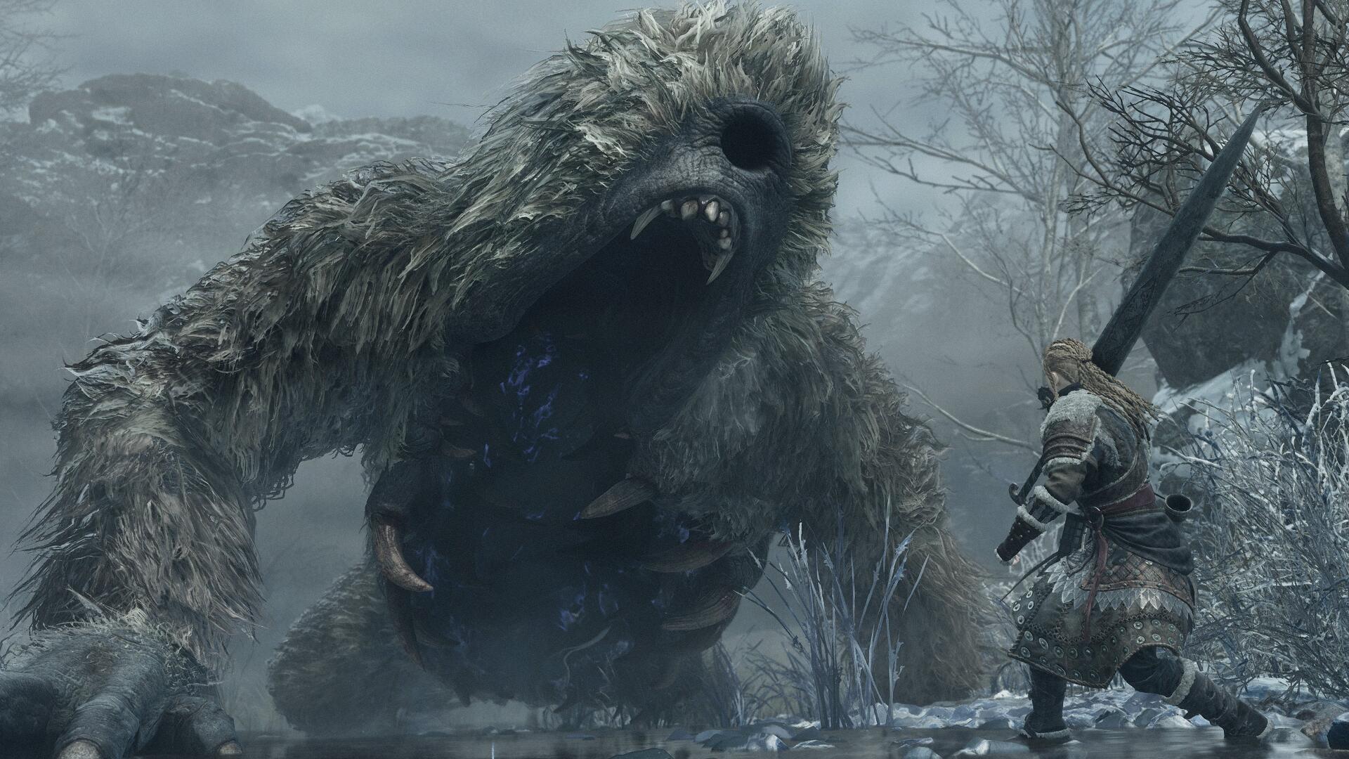 4K Ultra HD Dragon’s Dogma 2: Dark Arisen PC wallpaper featuring a towering yeti monster facing an armored warrior in a snowy forest.