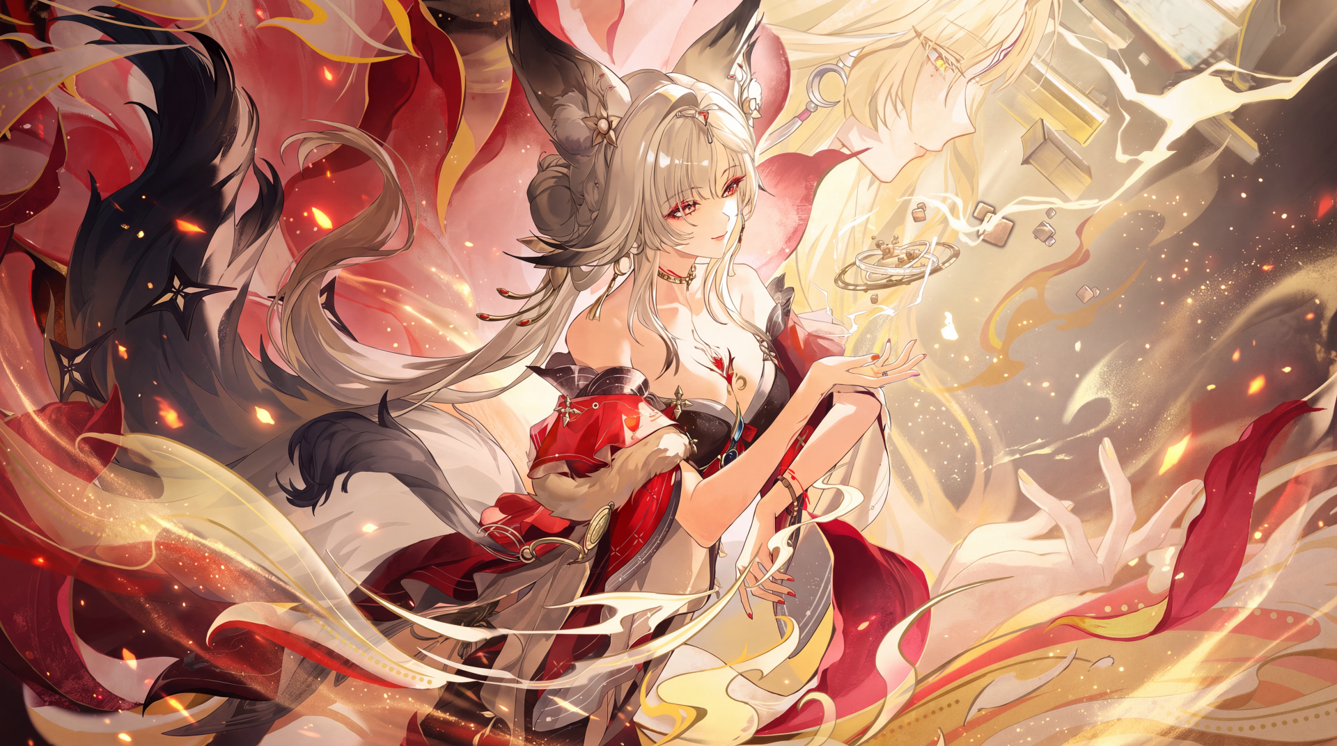 Hsin from Wuthering Waves in a flowing red outfit, anime girl amid golden light and swirling petals, 5K Ultra HD PC desktop wallpaper and background.