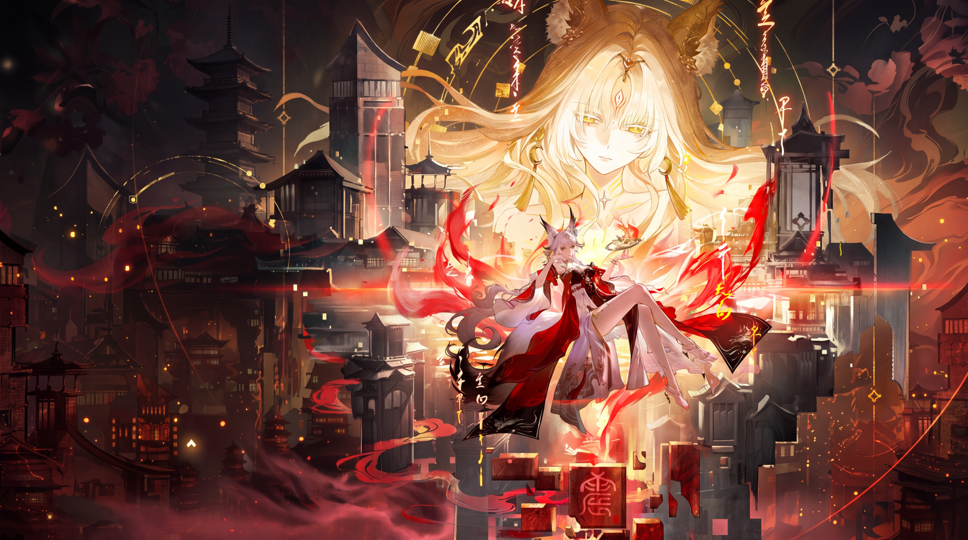 Hsin from Wuthering Waves glows amid a futuristic red city in this 5K Ultra HD anime PC desktop wallpaper and background.