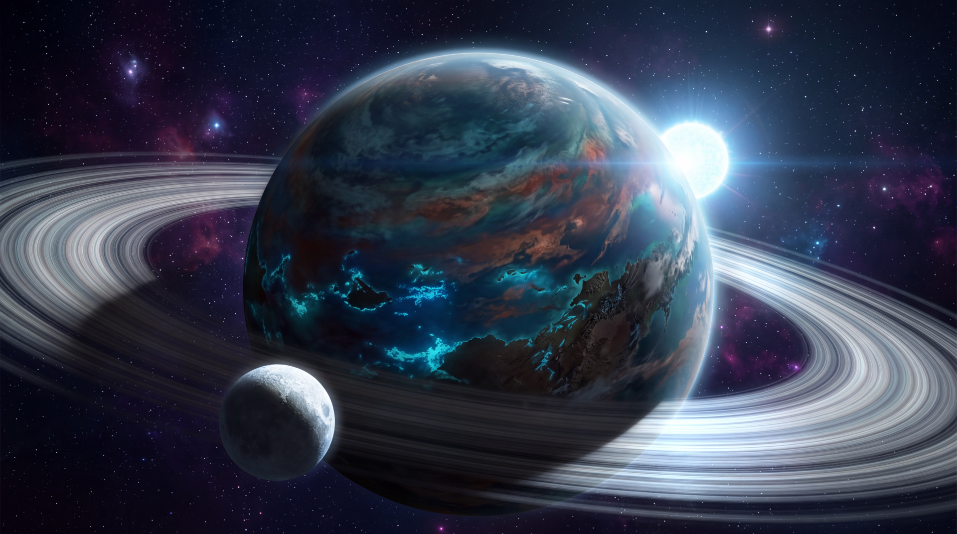 A glowing ringed exoplanet and nearby moon in deep space, featured in a 5K Ultra HD PC desktop wallpaper and background.