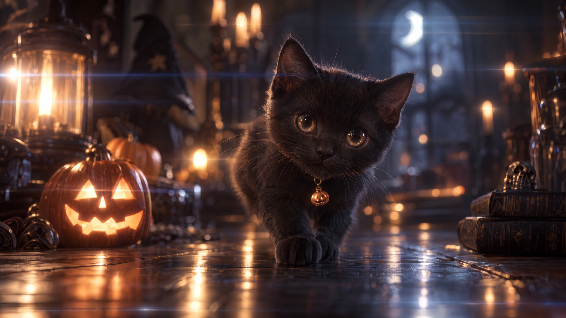 Spooky cute black cat beside a glowing jack-o’-lantern in a candlelit Halloween scene, 4K Ultra HD PC desktop wallpaper and background.