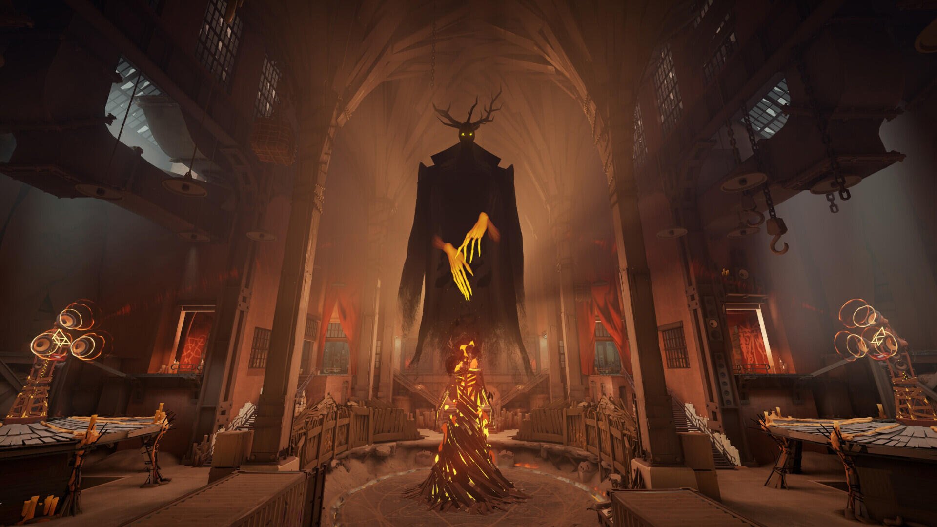 Deadlock (2024) HD PC desktop wallpaper of a blazing altar beneath a towering figure in a dark cathedral.