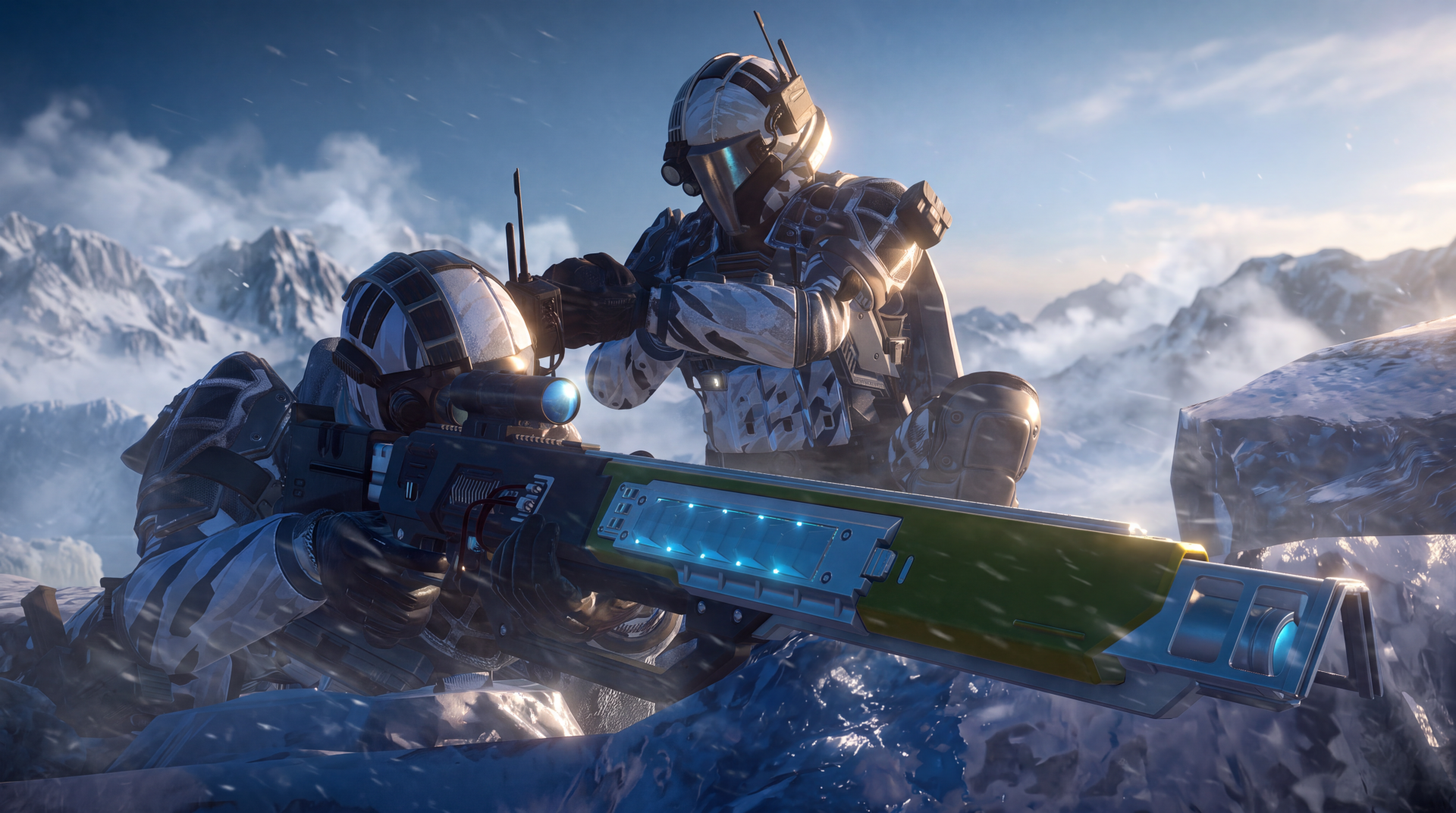 Helldivers 2 sci-fi soldiers in armor wielding a futuristic weapon in a snowy mountain battle, 5K Ultra HD PC desktop wallpaper.