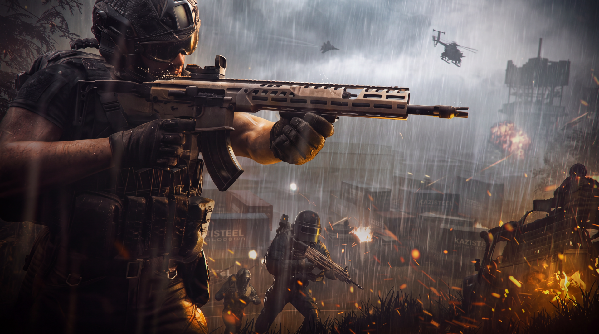 WARDOGS soldier aiming a rifle across a rain-soaked battlefield, with helicopters and explosions in the background, 5K Ultra HD PC desktop wallpaper.