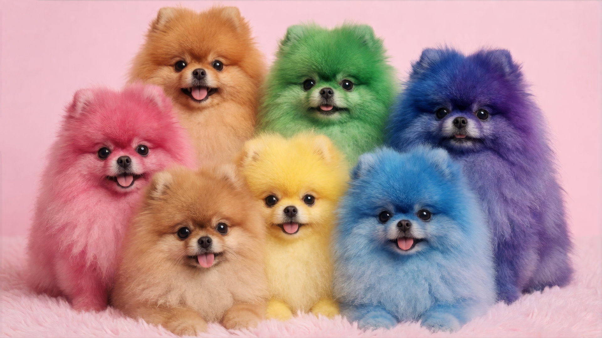 Colorful Pomeranian puppies in pink, orange, green, yellow, and blue on a pink backdrop, 2K Quad HD desktop wallpaper background.
