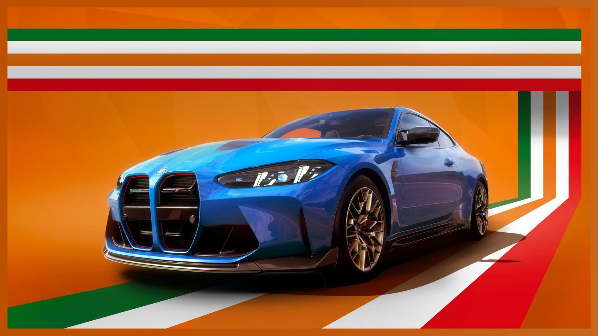 Blue BMW M4 on a vivid racing backdrop in Forza Horizon 6 Series 6, featured as an HD PC desktop wallpaper and background.