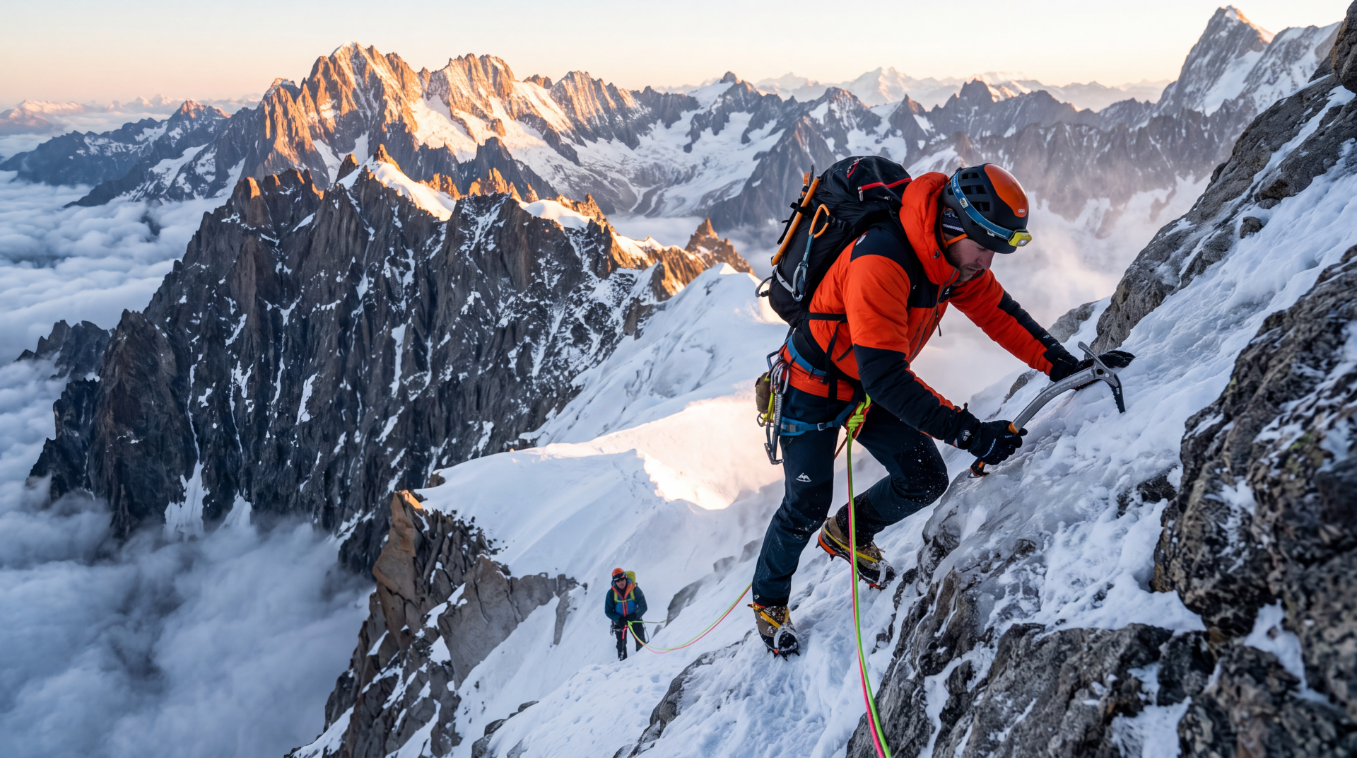 Mountaineer ice climbing a steep snowy peak above dramatic alpine mountains, 5K Ultra HD PC desktop wallpaper background.