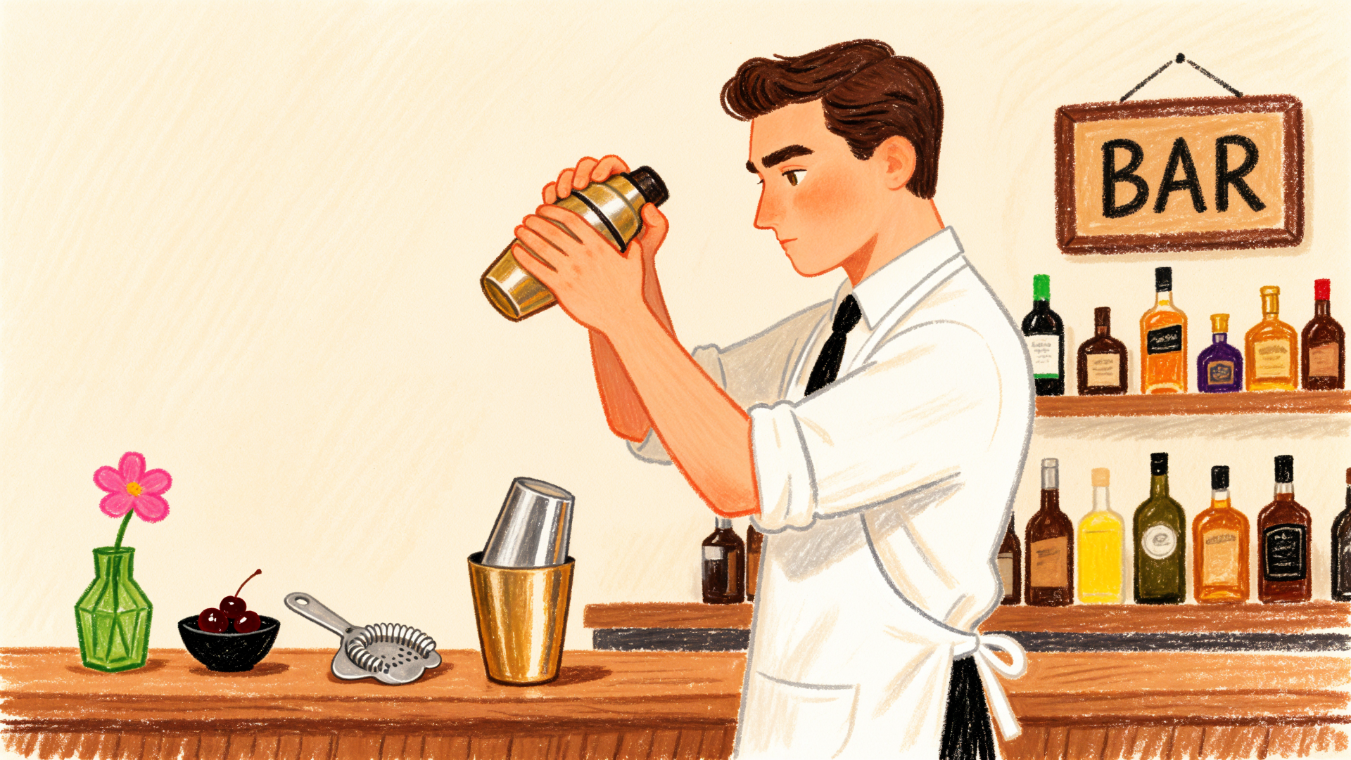 Illustrated bartender shaking a cocktail shaker behind a stocked bar, 4K Ultra HD PC desktop wallpaper and background.