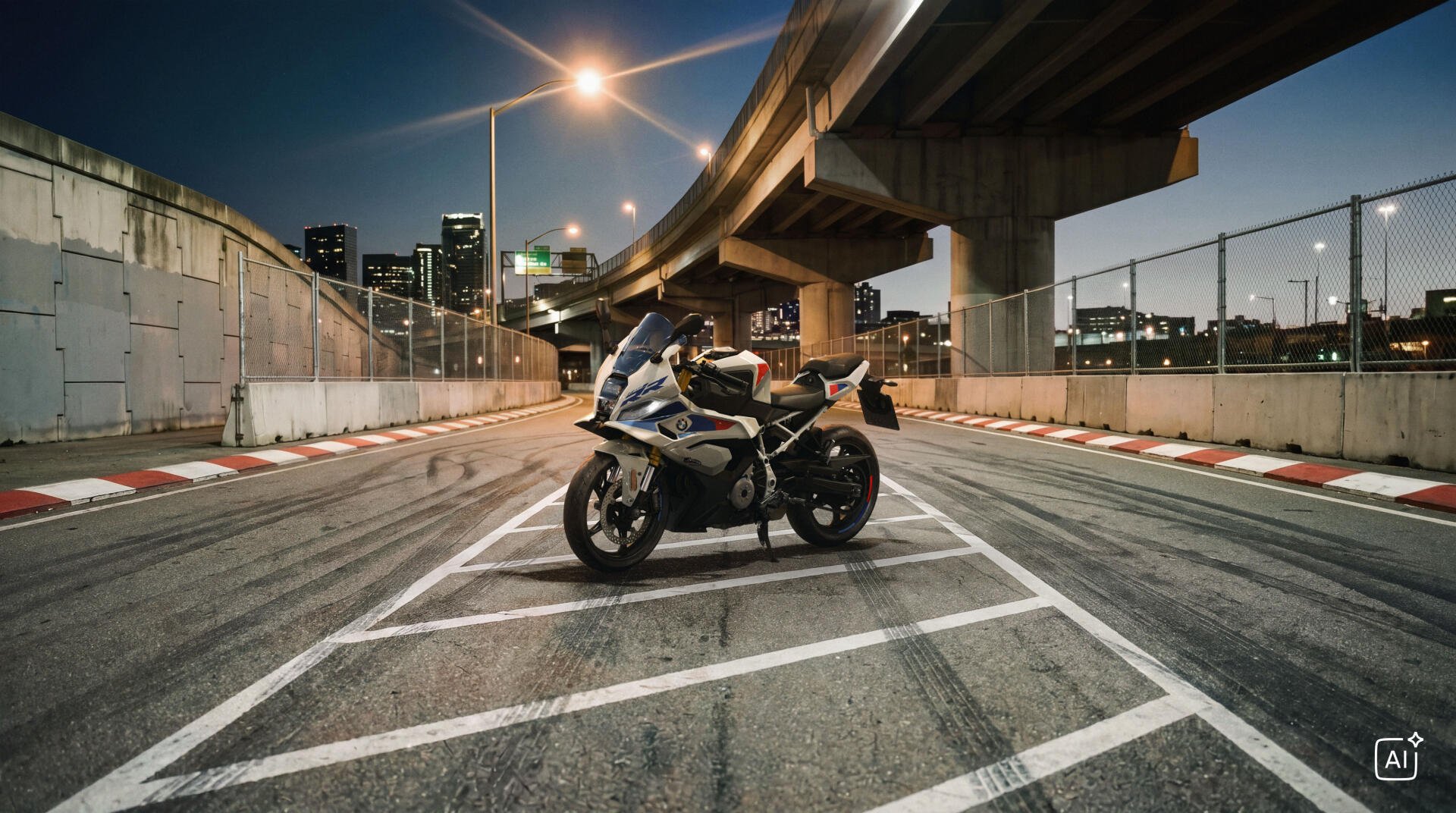 BMW Motorrad F 450 RR sport motorcycle on an urban street beneath elevated highways, 4K Ultra HD desktop wallpaper background.