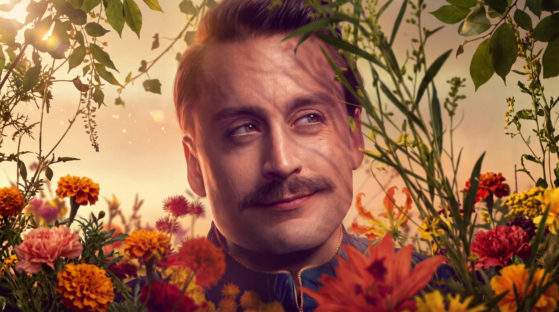 Caesar Flickerman from The Hunger Games, mustached man portrait among autumn flowers, 5K Ultra HD PC desktop wallpaper.