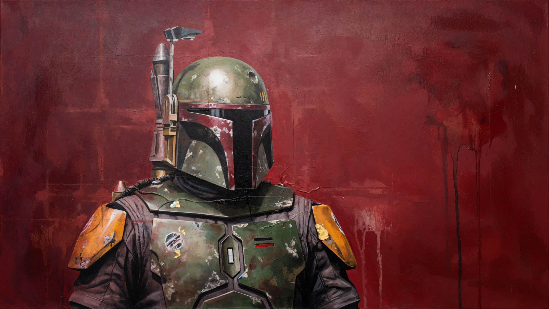 Boba Fett in Mandalorian armor against a dramatic red backdrop, Star Wars 4K Ultra HD PC desktop wallpaper