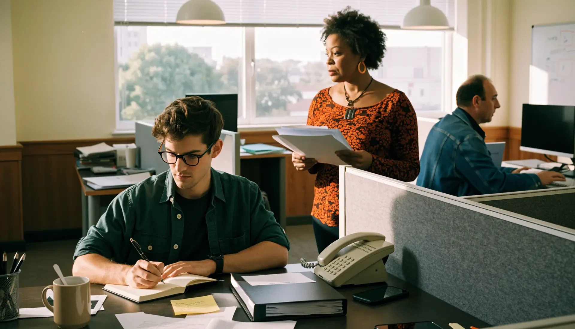 Office workers focused on their 9 to 5 jobs in a modern workspace, 4K Ultra HD PC desktop wallpaper and background.
