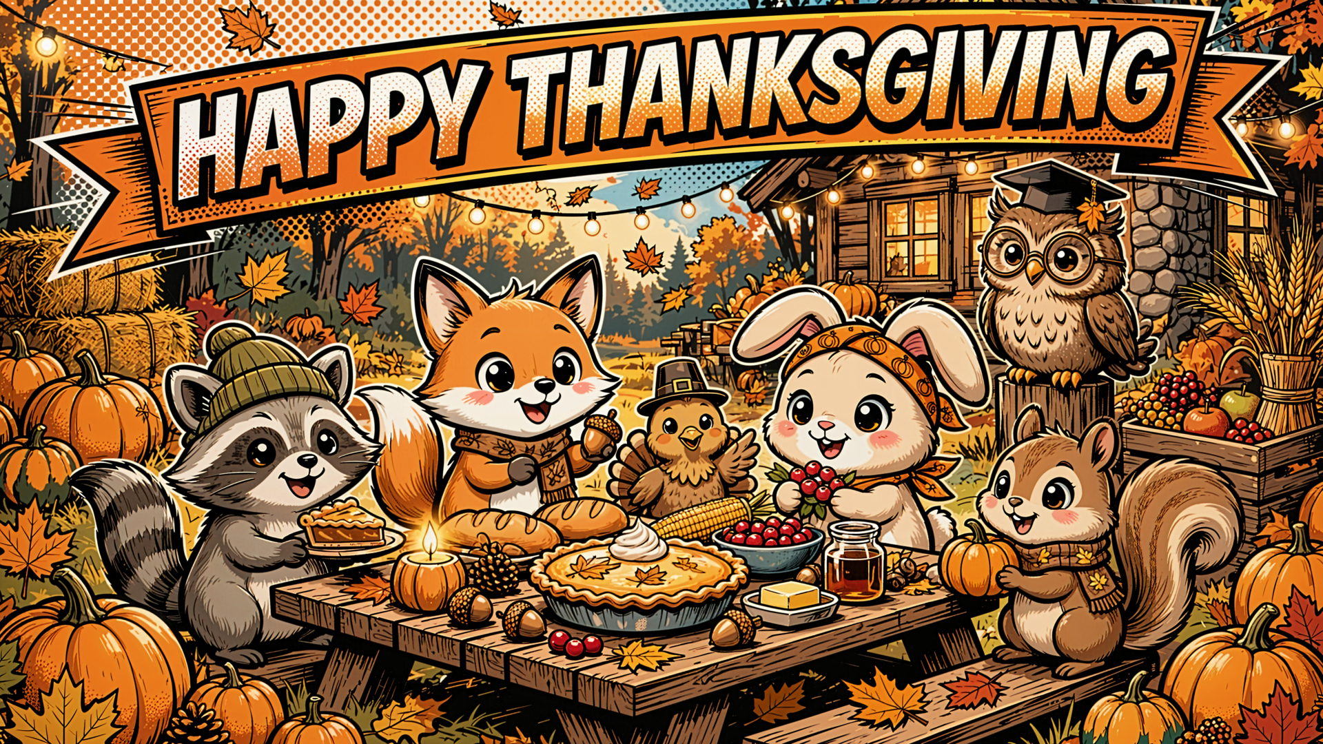 Cute Thanksgiving cartoon animal feast with foxes, rabbits, raccoon, and owl around a festive table, in a 4K Ultra HD PC desktop wallpaper background.