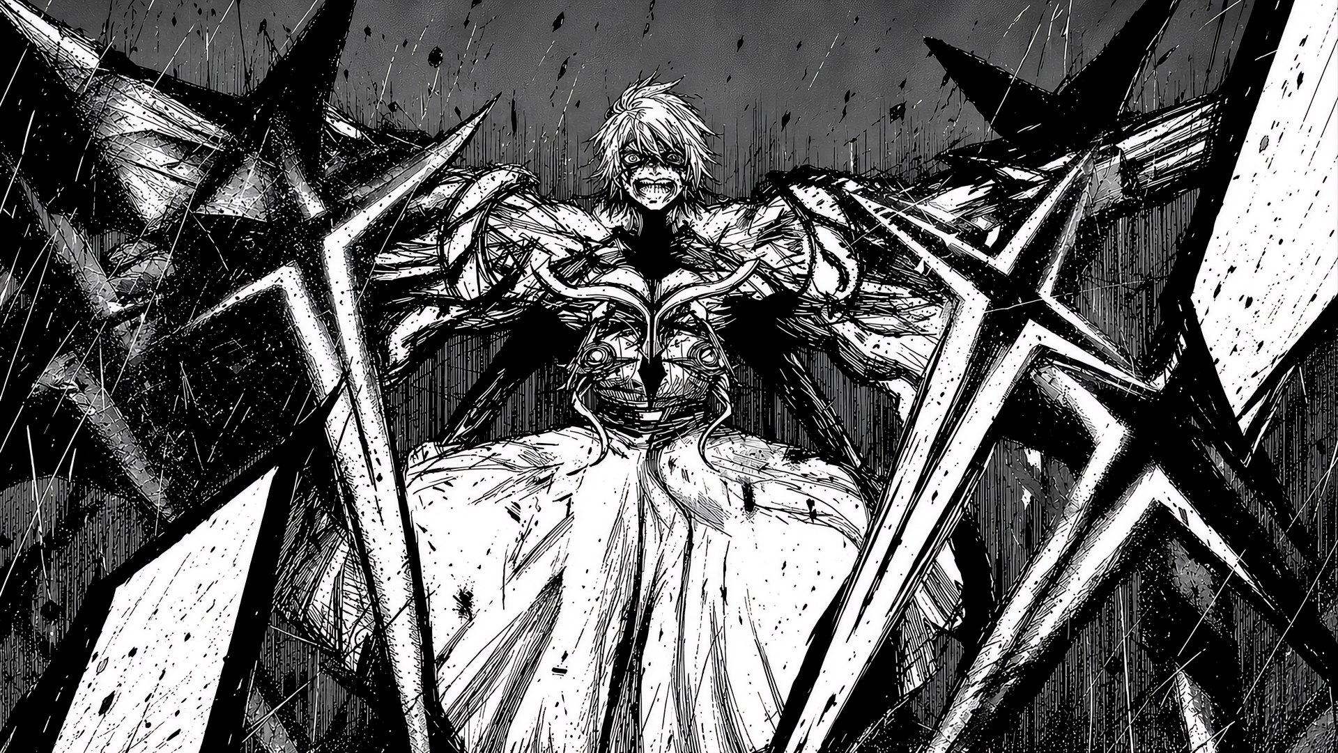 Black-and-white Tokyo Ghoul:re manga artwork of a white-haired character with arms outstretched, in a 5K Ultra HD PC desktop wallpaper and background.