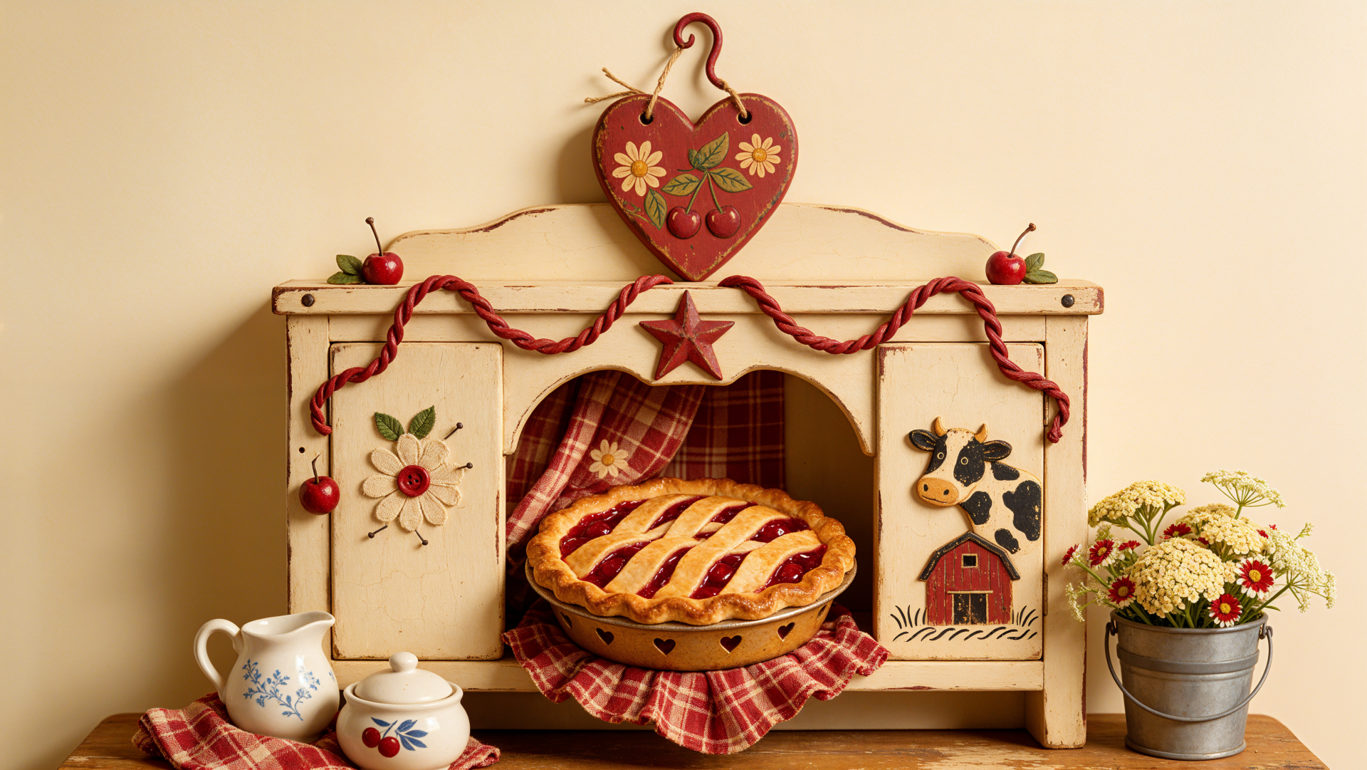 Rustic kitchen decor with a golden lattice cherry pie, red gingham cloth, and whimsical fruit accents, featured in a 4K Ultra HD PC desktop wallpaper and background.