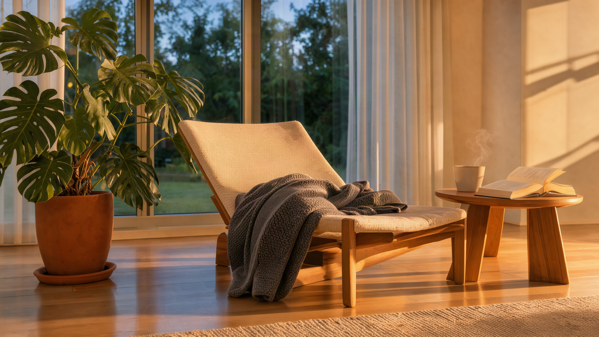 Sunlit living room with a lounge chair, cozy throw, and houseplants, 4K Ultra HD PC desktop wallpaper and background.