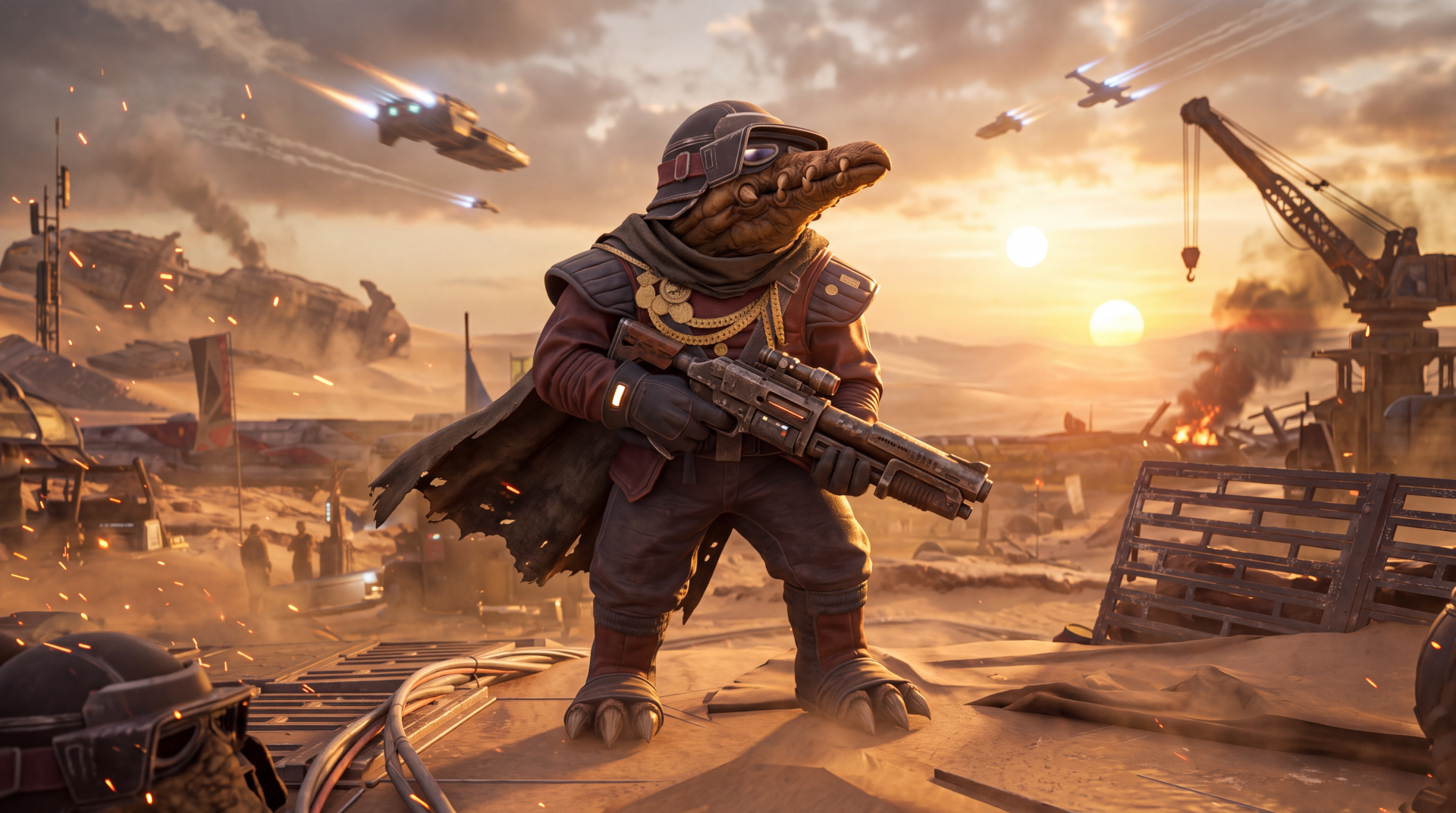Biddy Blas Star Wars: Galactic Racer soldier in a desert battle scene, 5K Ultra HD PC desktop wallpaper