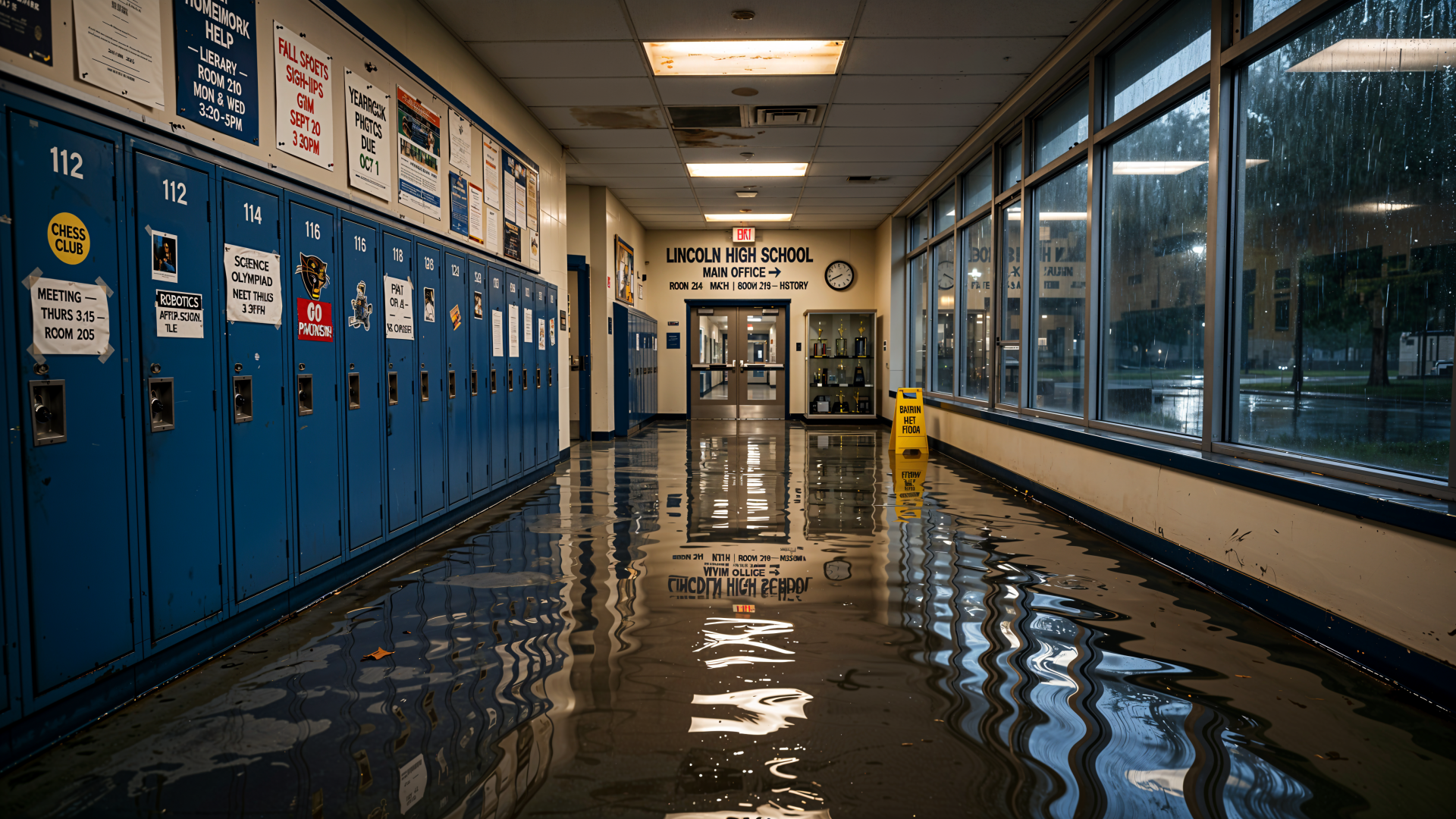 Flooded high school hallway with blue lockers and reflections, 4K Ultra HD PC desktop wallpaper and background.