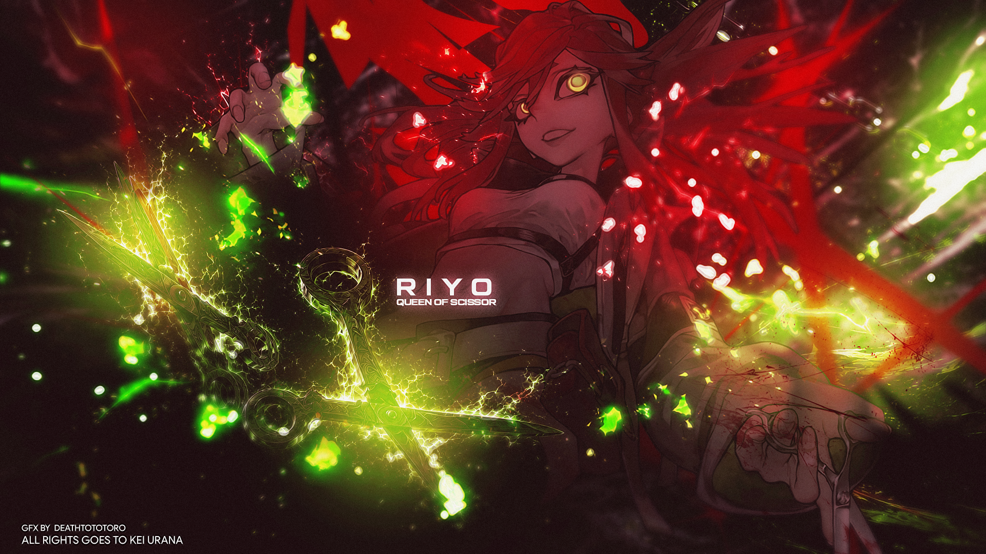 Gachia HD PC desktop wallpaper featuring a red-eyed anime character amid vivid red and neon-green energy effects.