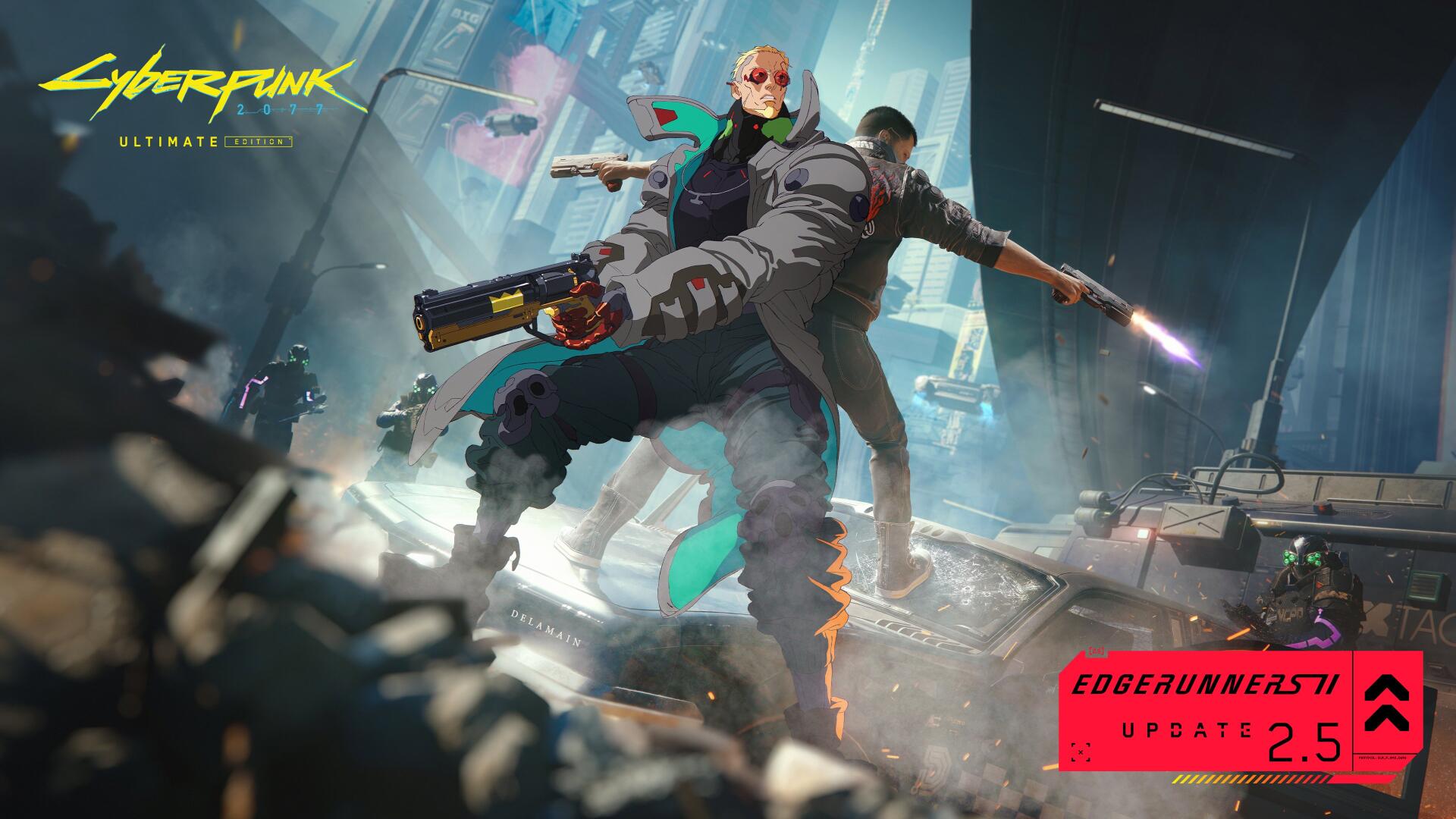 Cyberpunk: Edgerunners 2 anime wallpaper featuring armed cyberpunk characters in a neon-lit city, inspired by Cyberpunk 2077; 4K Ultra HD PC desktop background.