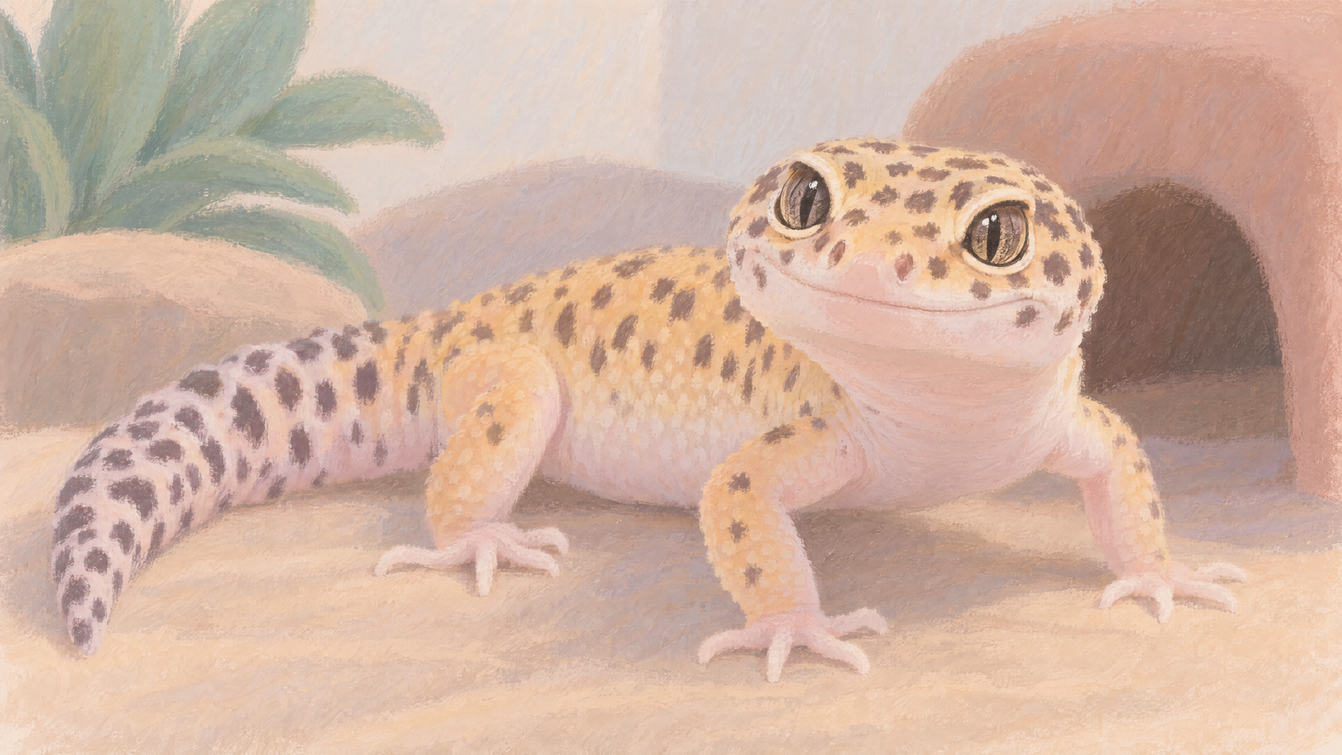 Illustrated leopard gecko with spotted markings on a warm sandy background, 4K Ultra HD PC desktop wallpaper and background.