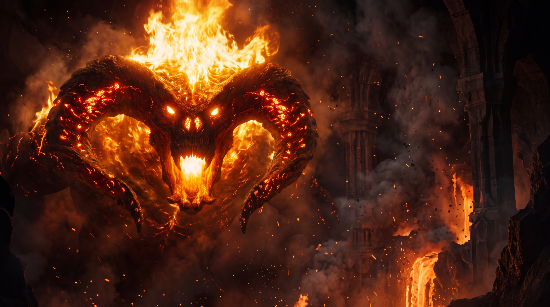 Fiery Balrog demon from The Lord of the Rings: The Rings of Power, featured in a 5K Ultra HD PC desktop wallpaper and background.