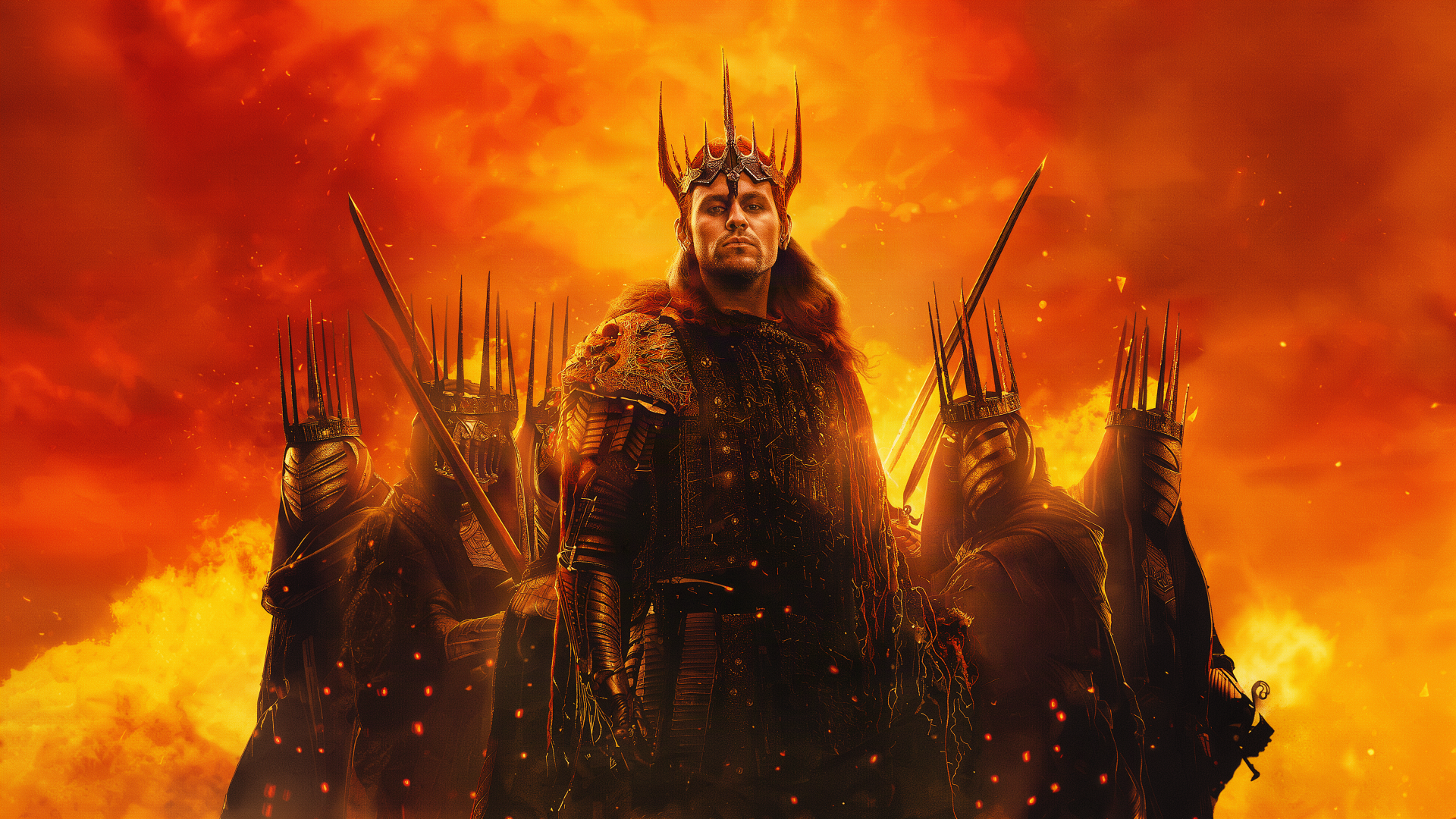 Sauron, the dark king and warrior, stands before fiery skies in The Lord of the Rings: The Rings of Power 4K Ultra HD PC desktop wallpaper.