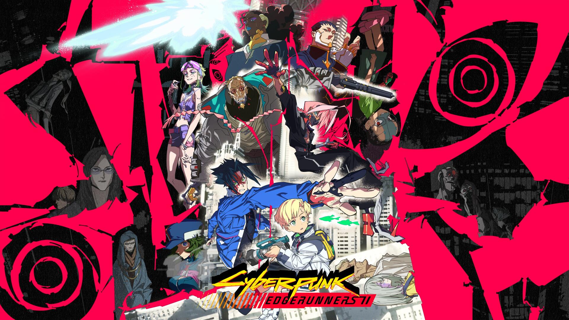 Cyberpunk: Edgerunners 2 anime 4K Ultra HD PC desktop wallpaper with a vivid collage of characters against a neon red and black background.