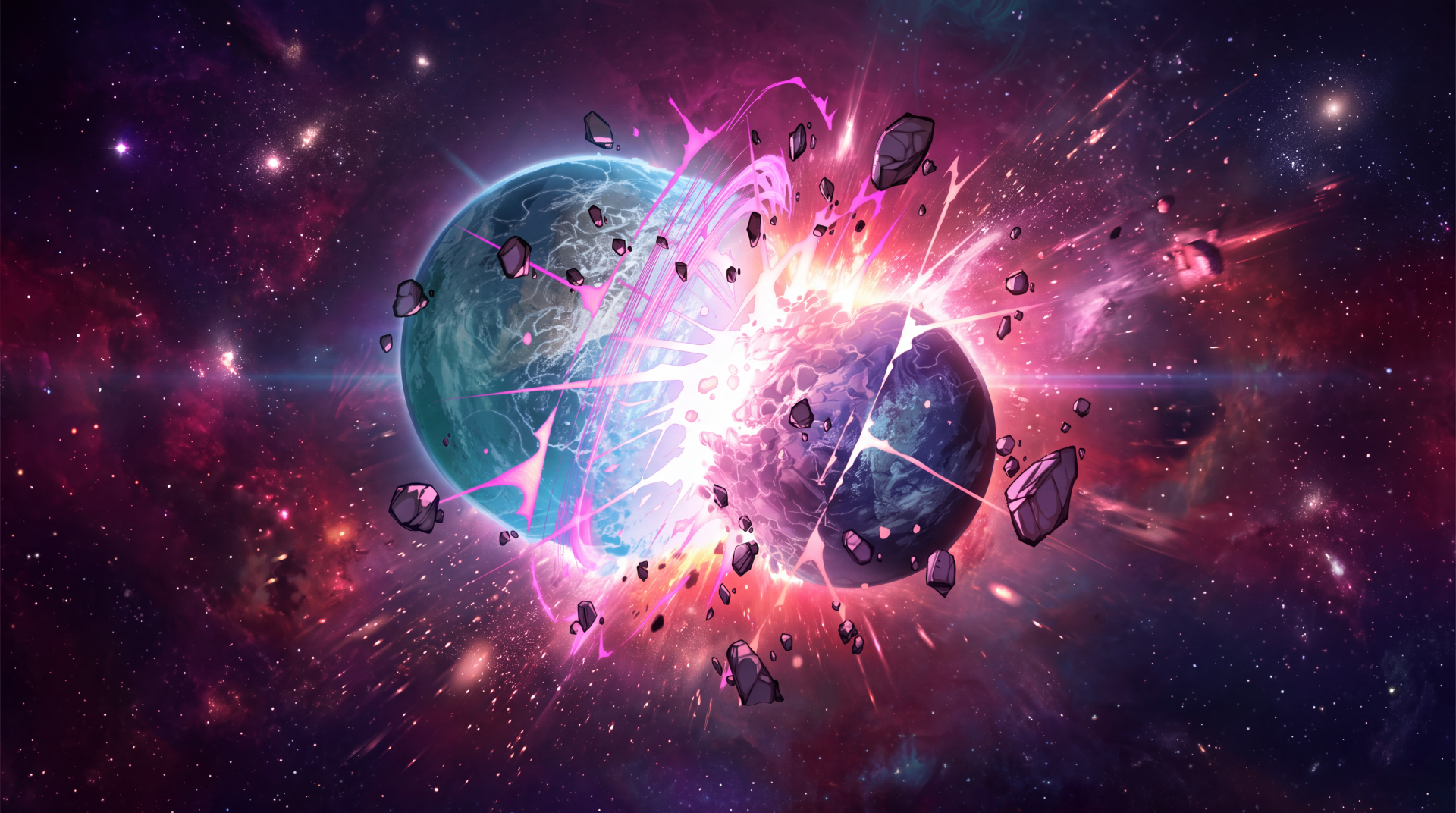 Avengers: Doomsday 5K Ultra HD desktop wallpaper showing a planet breaking apart in a brilliant explosion across deep space.