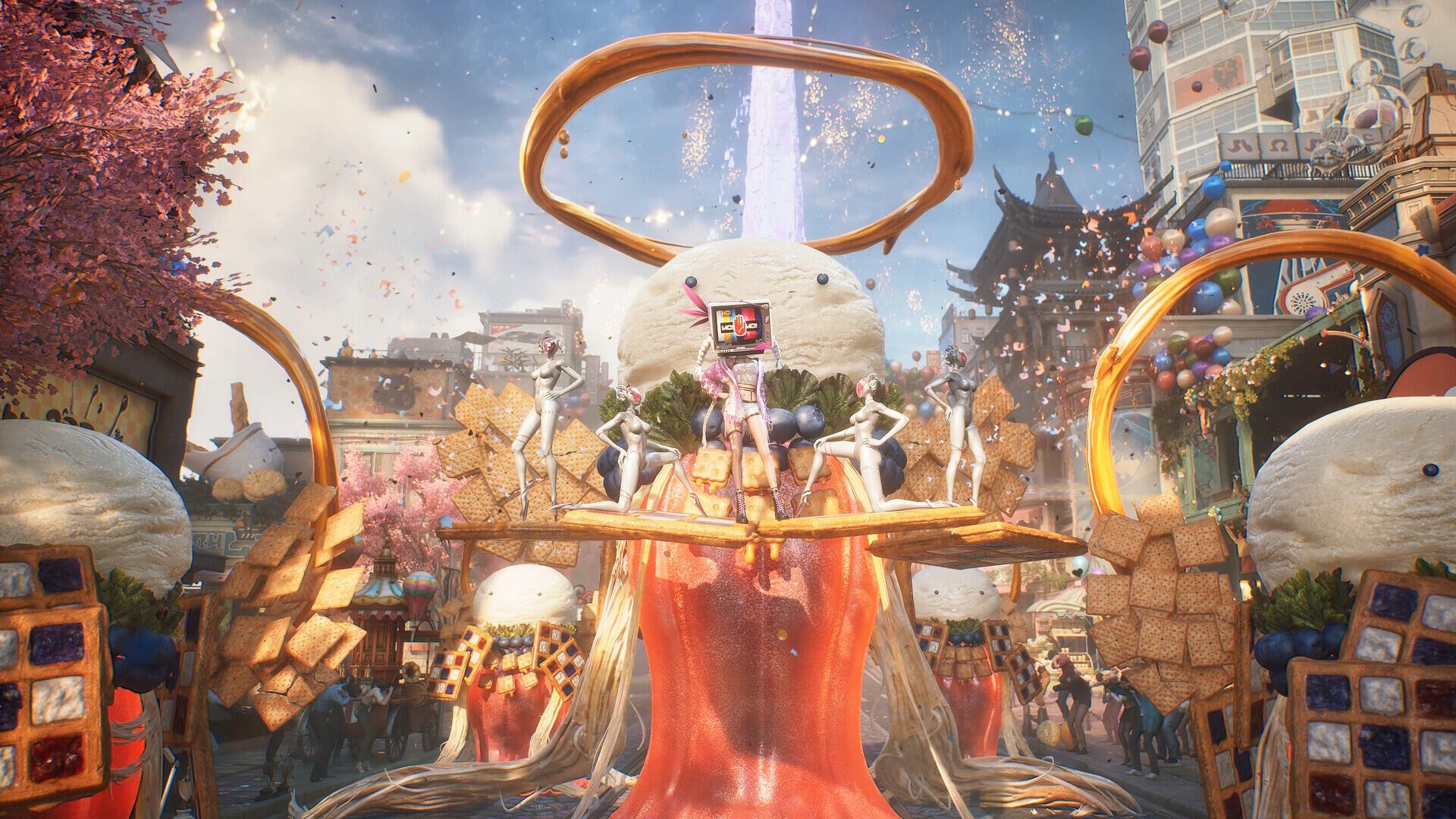 Surreal Ordinary Oddness parade with a towering ringed figure and colorful crowd, HD PC desktop wallpaper and background.