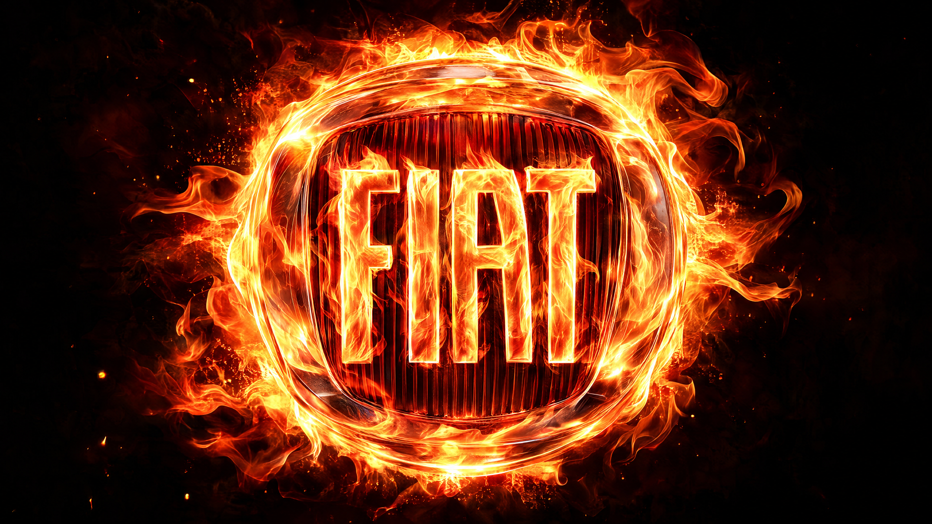 Fiat logo engulfed in flames on a dark background, 4K Ultra HD PC desktop wallpaper.