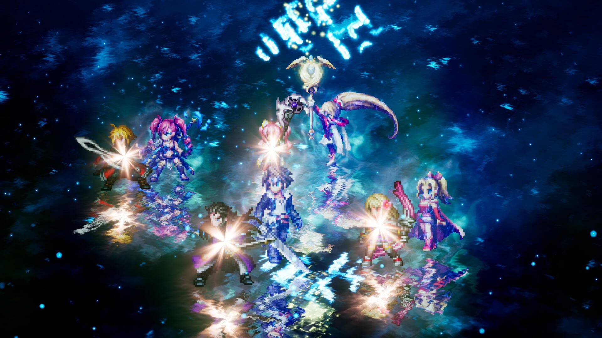 Final Fantasy Resonance anime magical girls amid glowing crystals and cosmic blue light, 4K Ultra HD PC desktop wallpaper and background.