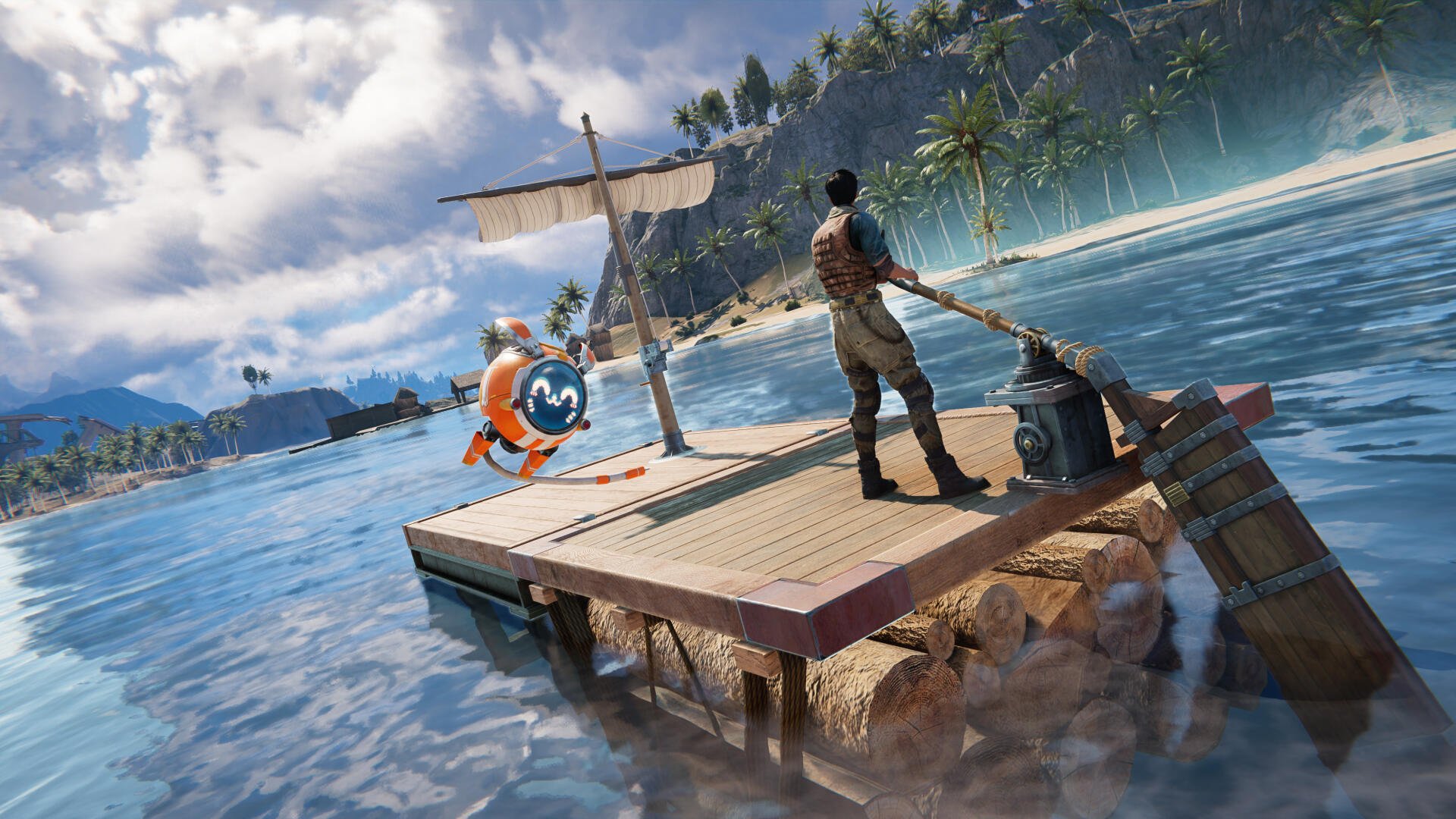 Once Human 4K Ultra HD PC desktop wallpaper featuring a fisherman on a wooden raft over blue water, with a sailboat and distant mountains.