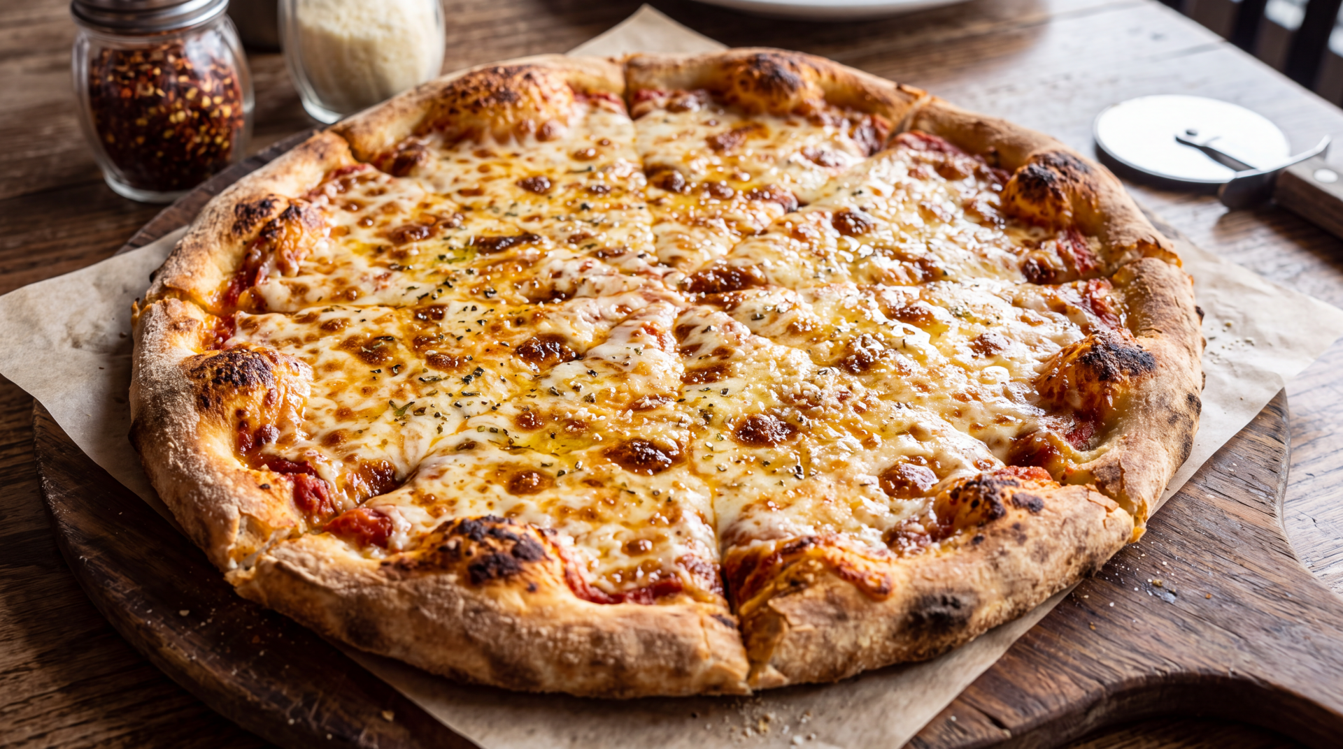 Golden cheese pizza with a crisp, charred crust on a wooden table, featured in a 5K Ultra HD PC desktop wallpaper and background.