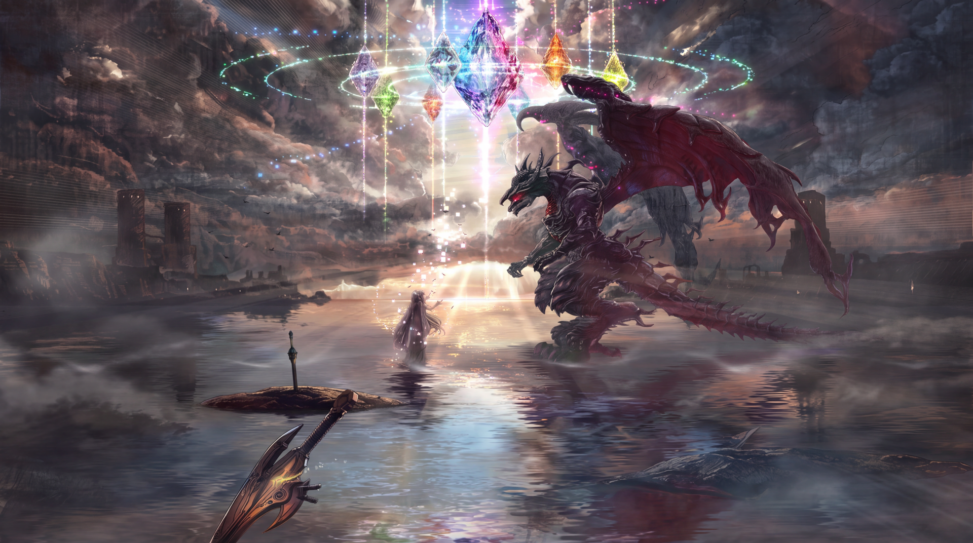 Final Fantasy Resonance 5K Ultra HD PC desktop wallpaper of a warrior confronting a dragon amid glowing magic.