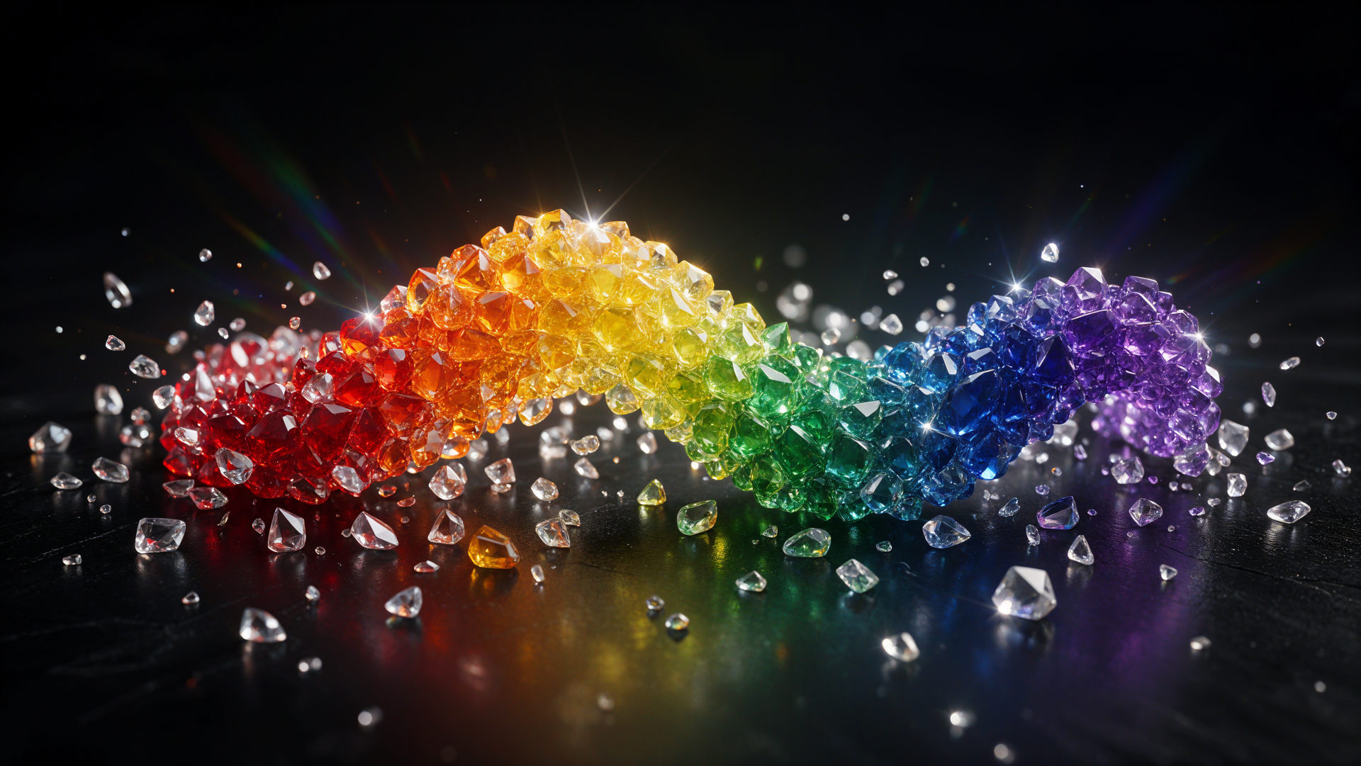 Rainbow spectrum of sparkling crystals and gemstones on a dark background, 4K Ultra HD PC desktop wallpaper.