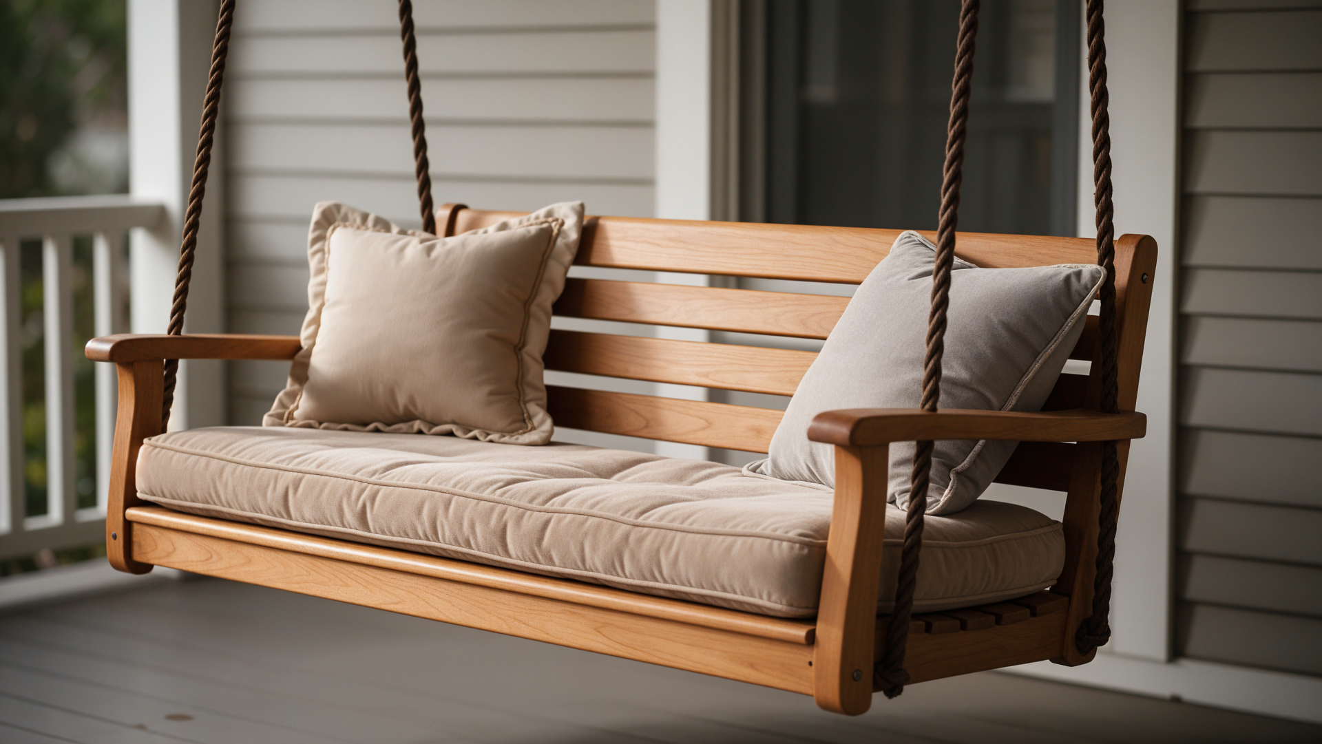 Wooden porch swing bench with neutral cushions on a veranda, 4K Ultra HD PC desktop wallpaper and background.