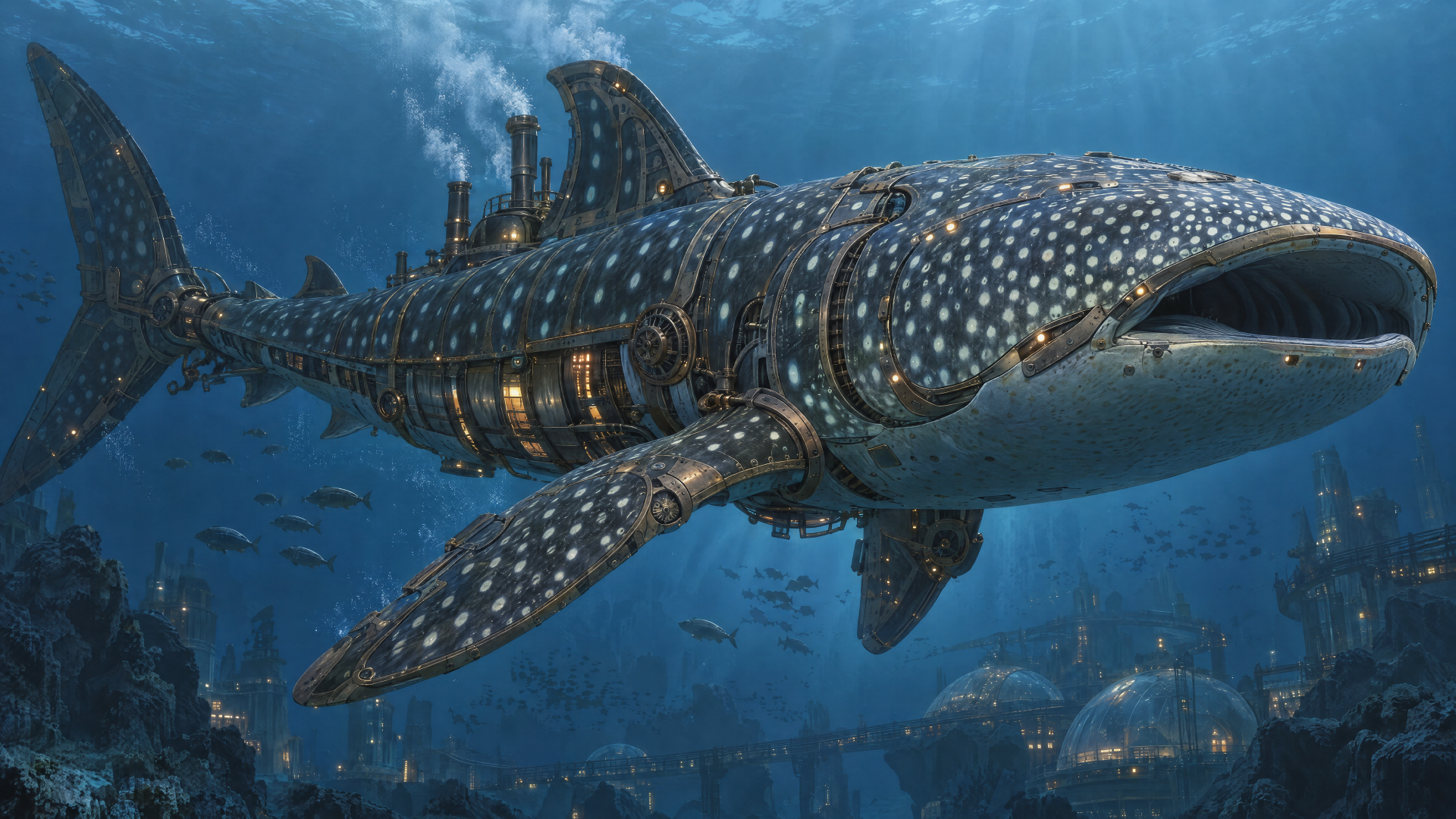 Sci-fi whale shark submarine gliding underwater, 4K Ultra HD PC desktop wallpaper and background.