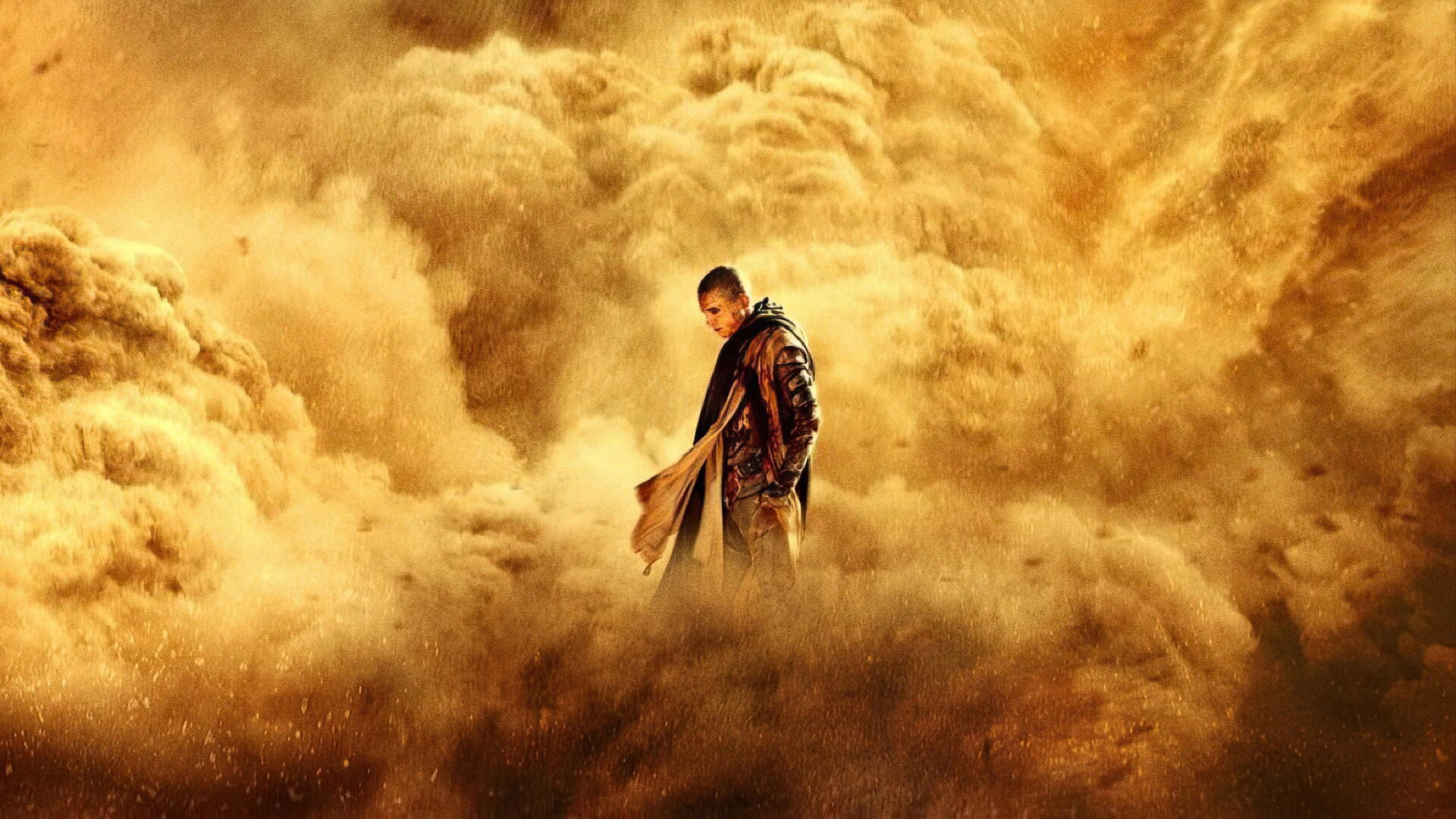 Dune: Part Three 4K Ultra HD PC desktop wallpaper featuring a lone figure surrounded by a swirling golden sandstorm.